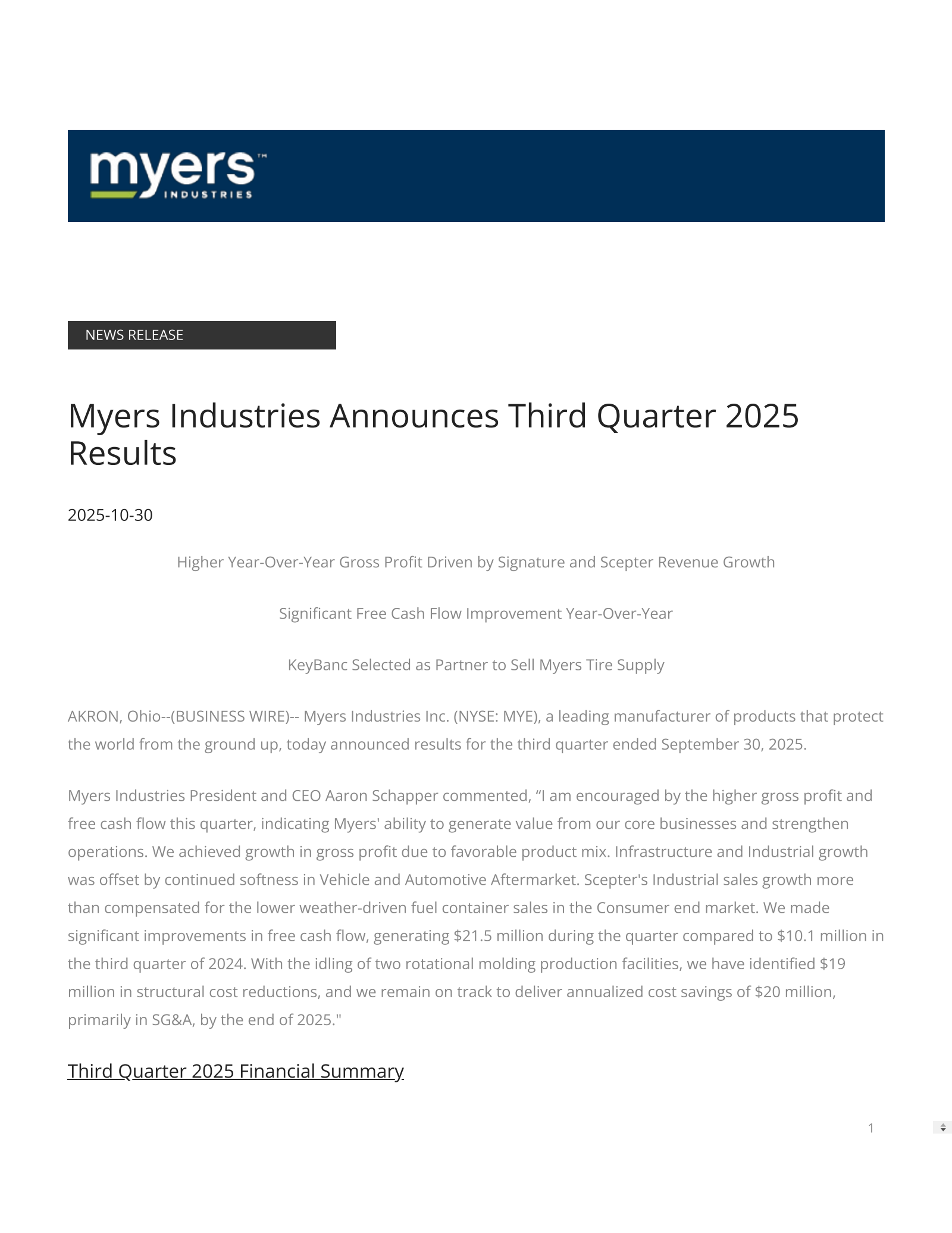 Myers Industries' Q3 2025 Earnings Release