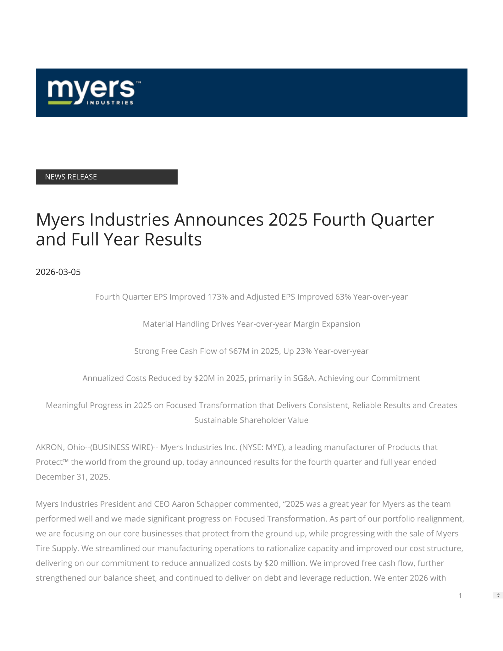 Myers Industries' Q4 2025 Press Release