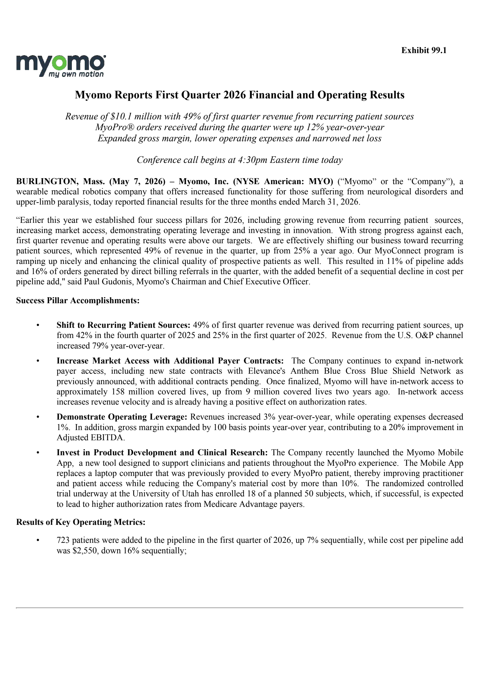 Myomo's Q1 2026 Press Release