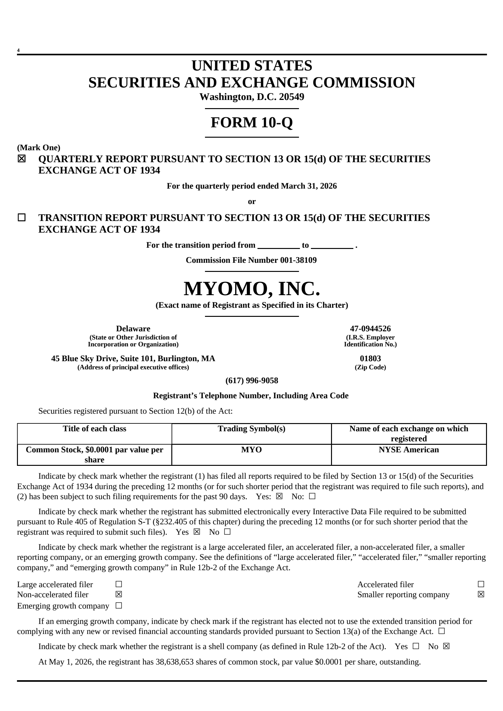 Myomo's Q1 2026 Quarterly report