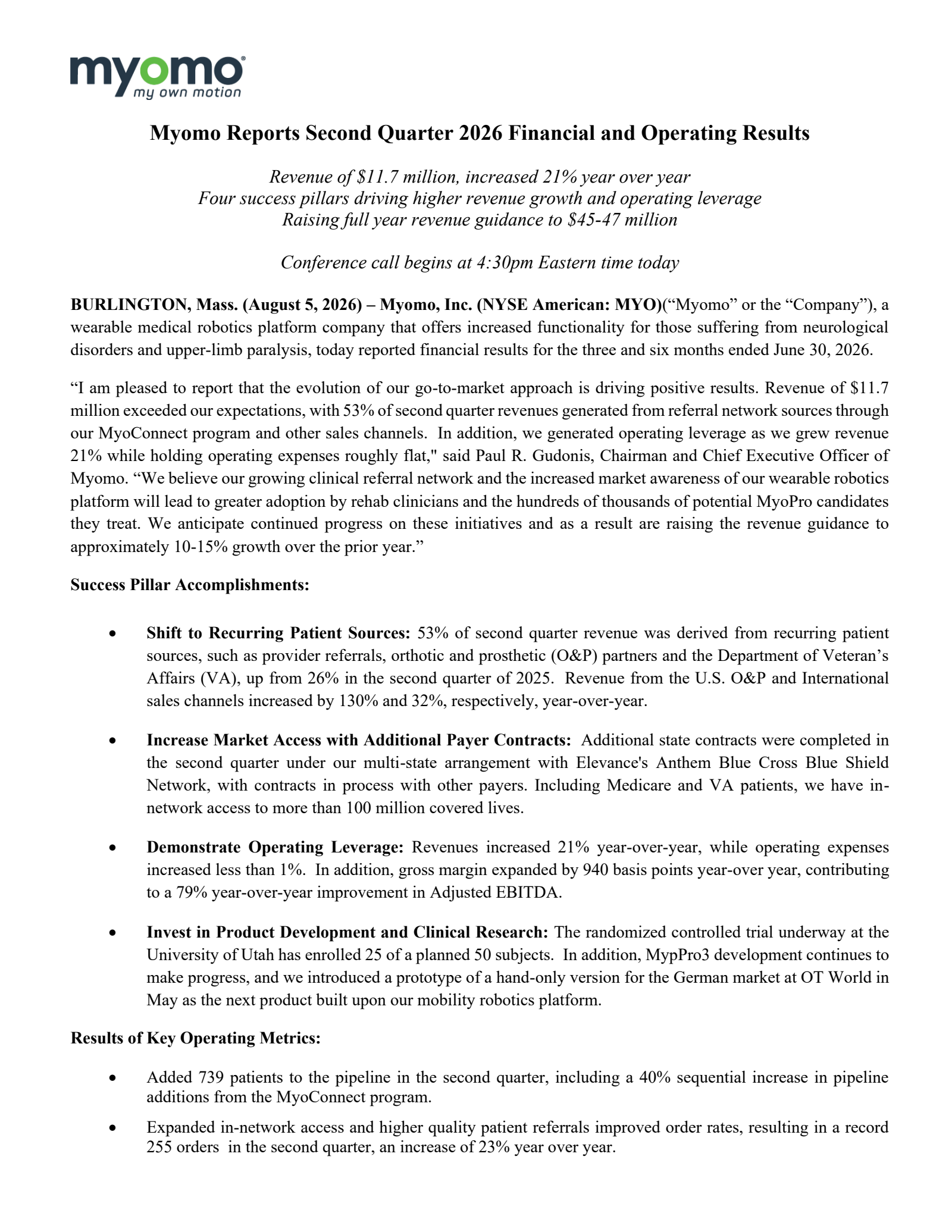 Myomo's Q2 2026 Press Release