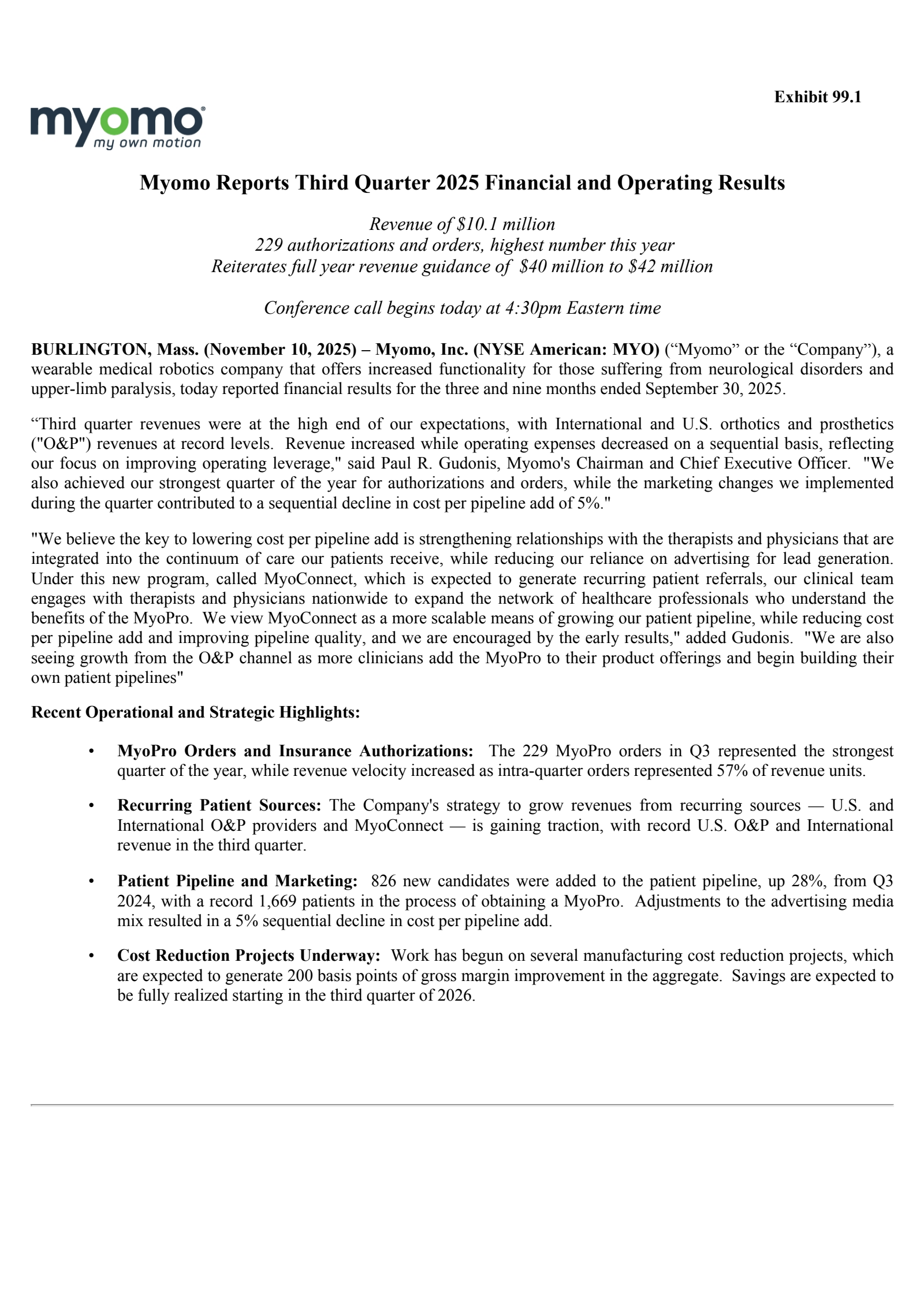 Myomo's Q3 2025 Earnings Release