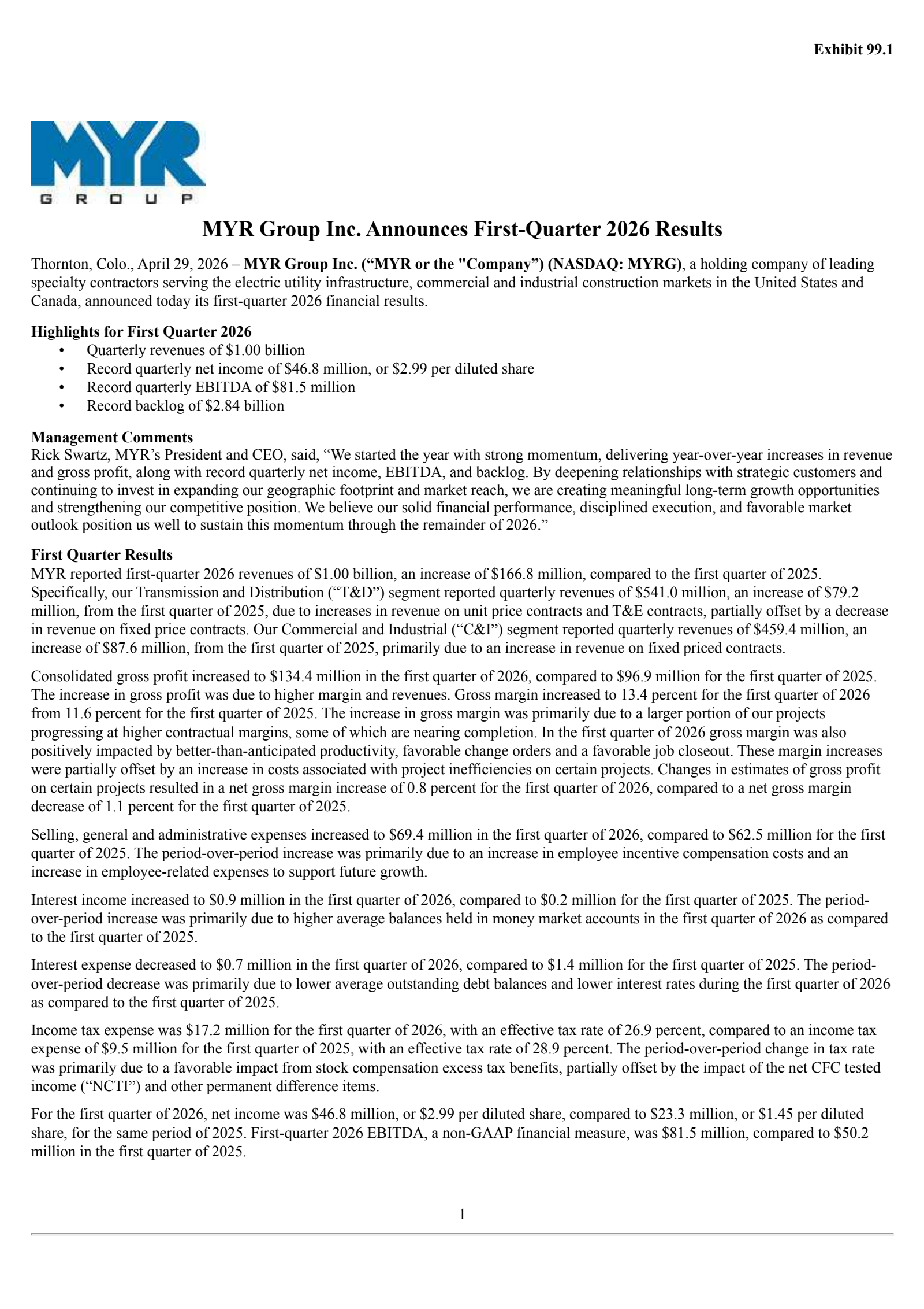 MYR Group's Q1 2026 Press Release