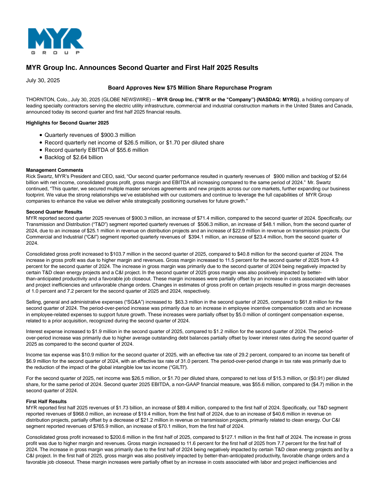 MYR Group's Q2 2025 Press Release