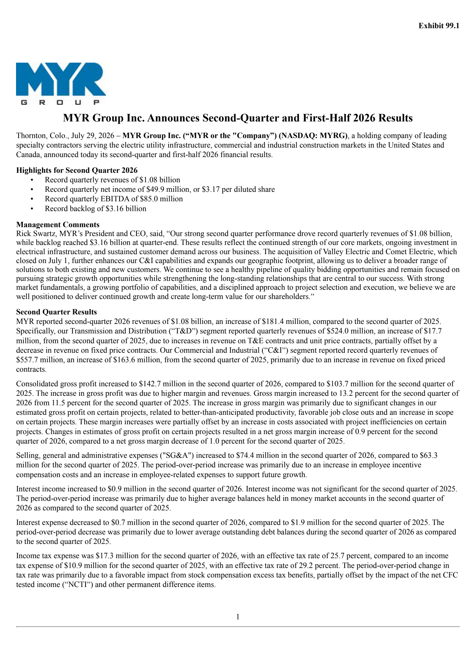 MYR Group's Q2 2026 Press Release