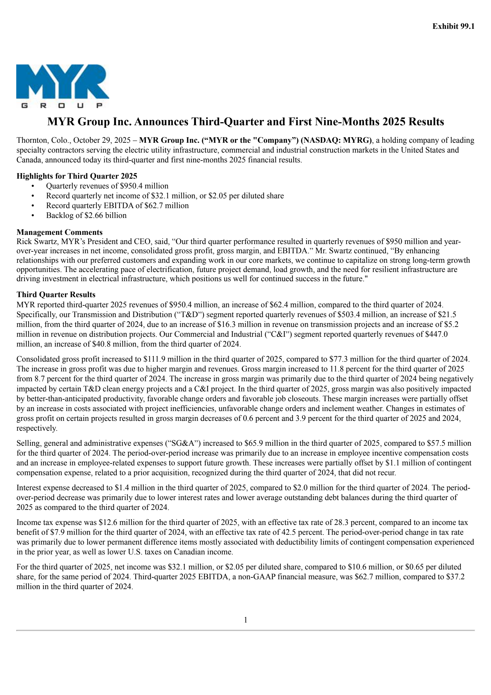 MYR Group's Q3 2025 Earnings Release