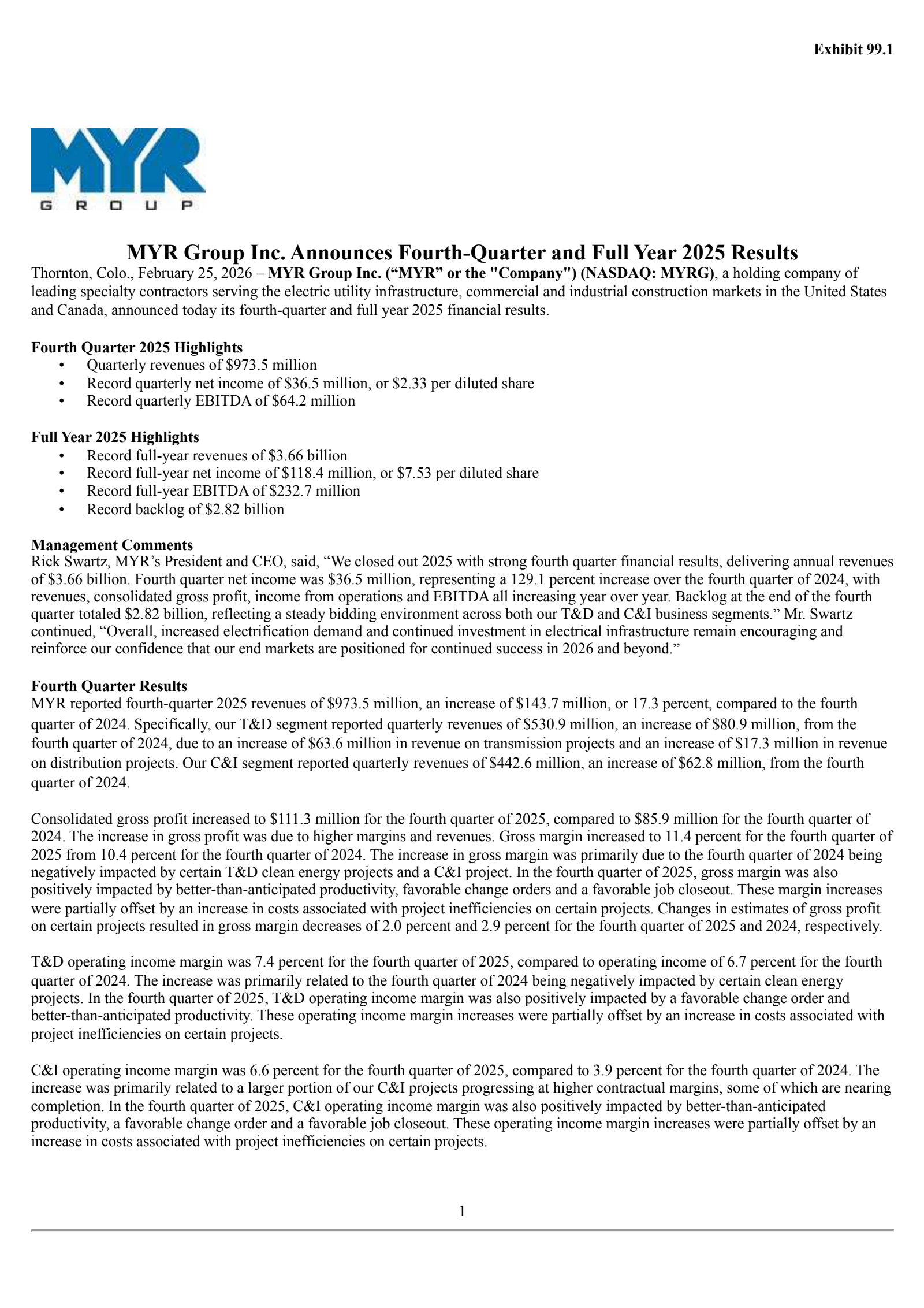 MYR Group's Q4 2025 Press Release