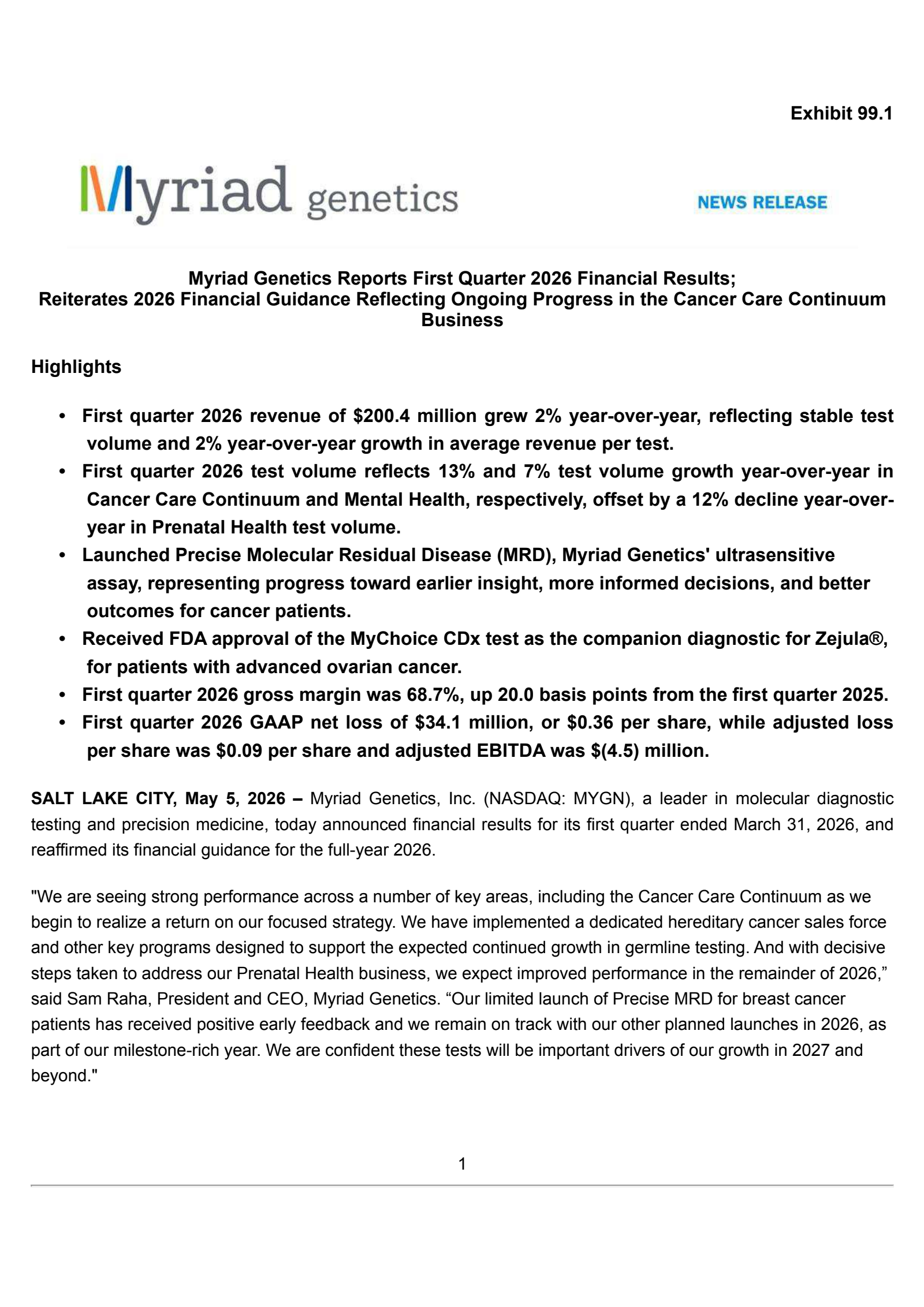 Myriad Genetics' Q1 2026 Press Release