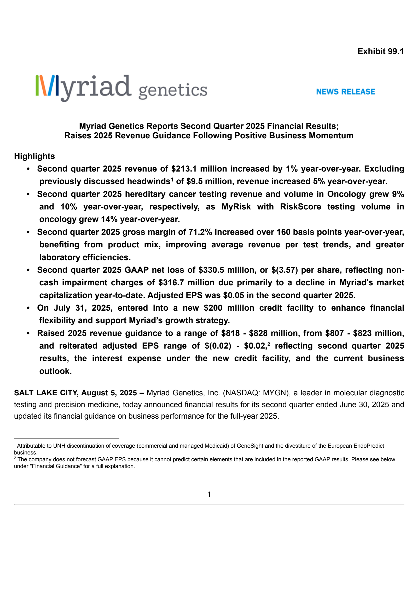 Myriad My Risk Example Report MYGN Q2 2025 Earnings Report on 8/5/2025