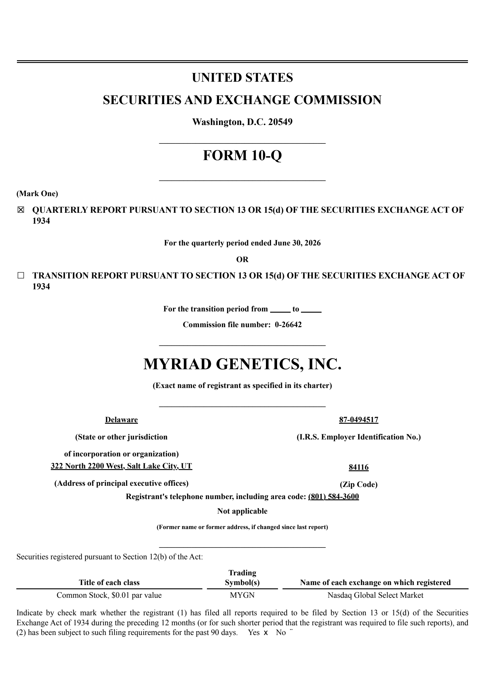 Myriad Genetics' Q2 2026 Quarterly report