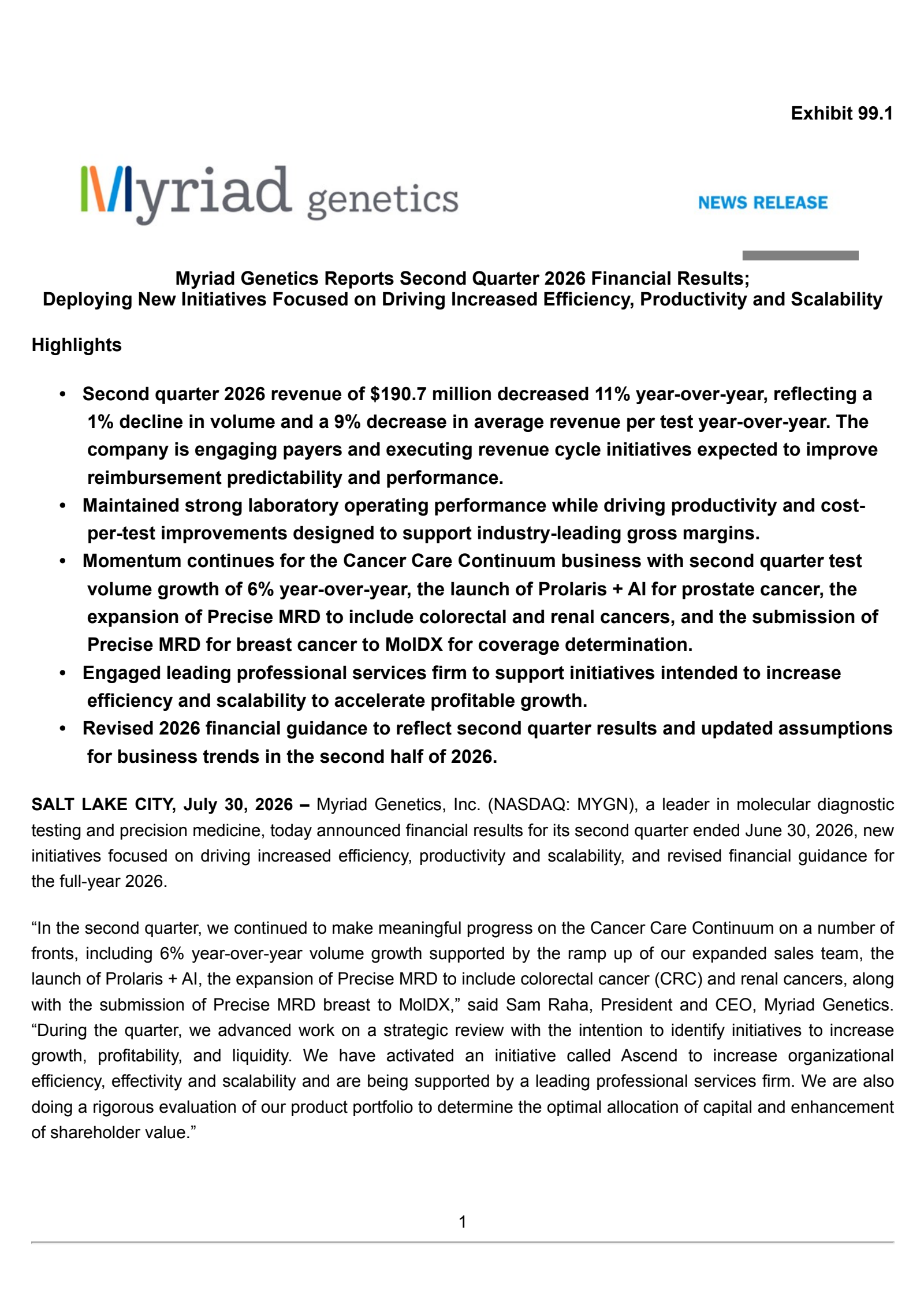 Myriad Genetics' Q2 2026 Press Release