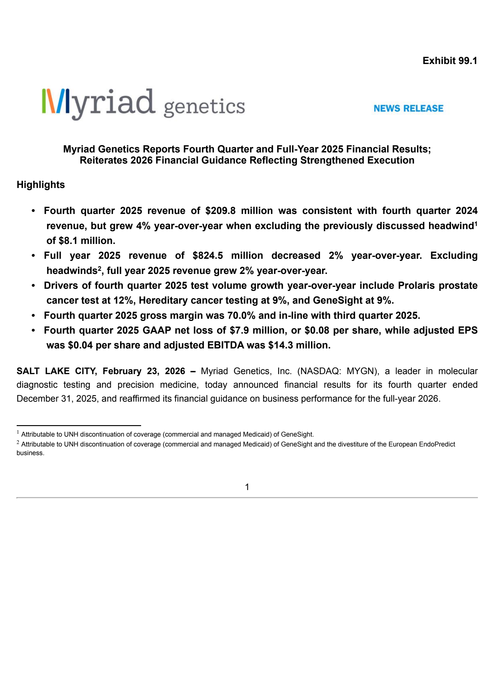 Myriad Genetics' Q4 2025 Press Release