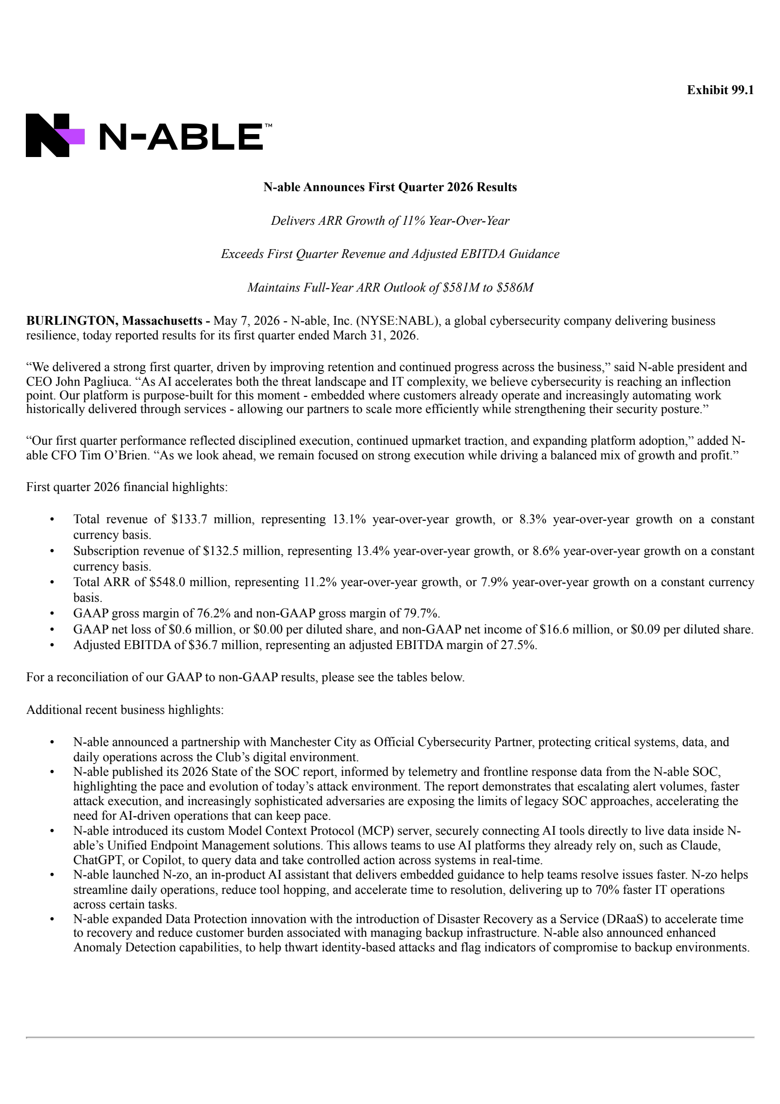 N-able's Q1 2026 Press Release