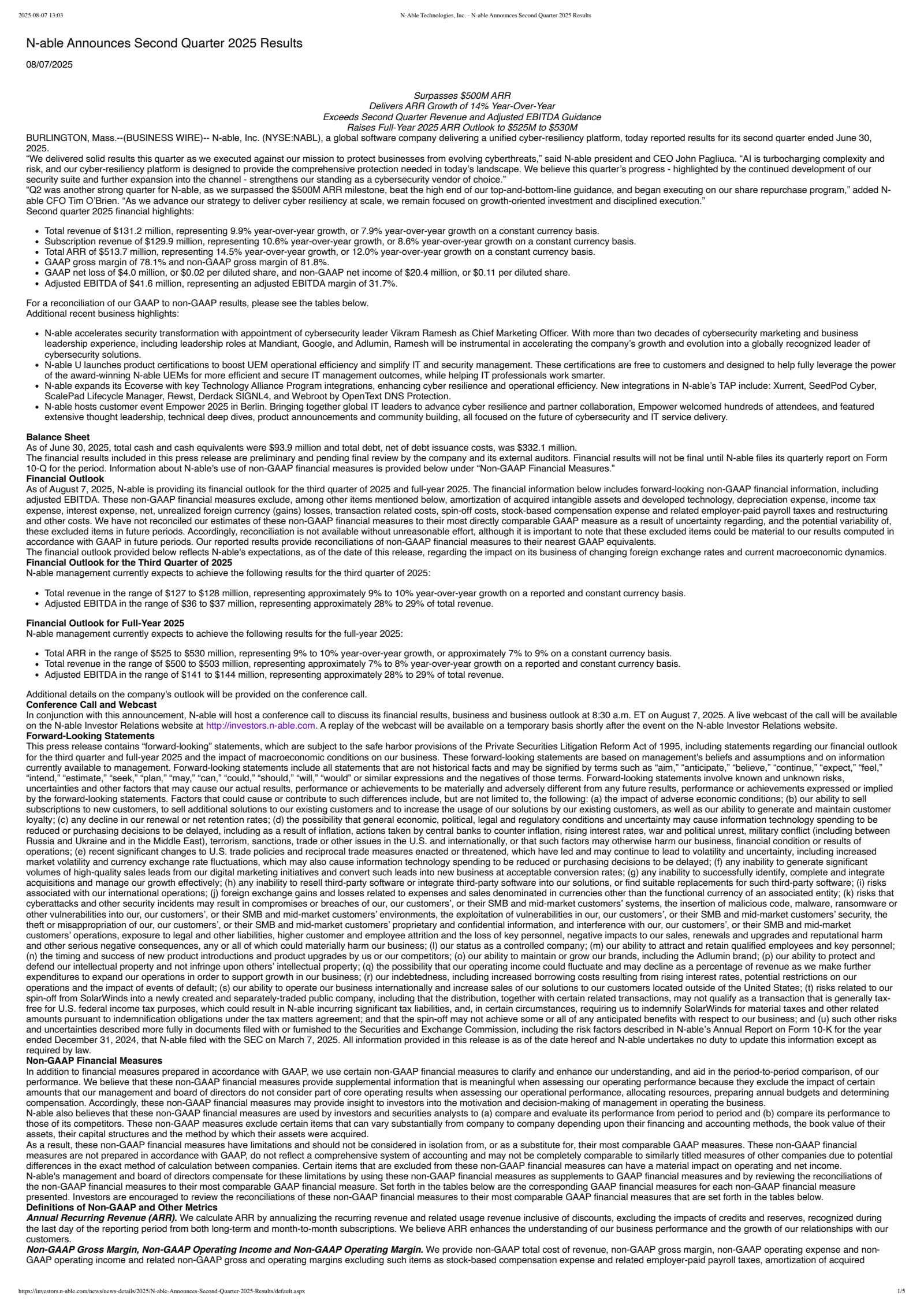 N-able's Q2 2025 Press Release