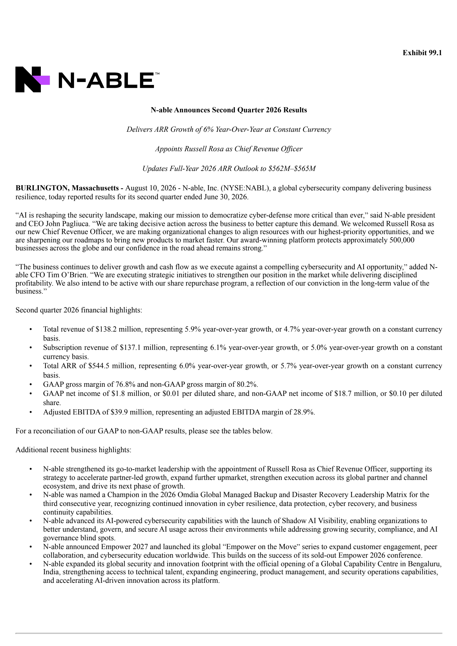 N-able's Q2 2026 Press Release