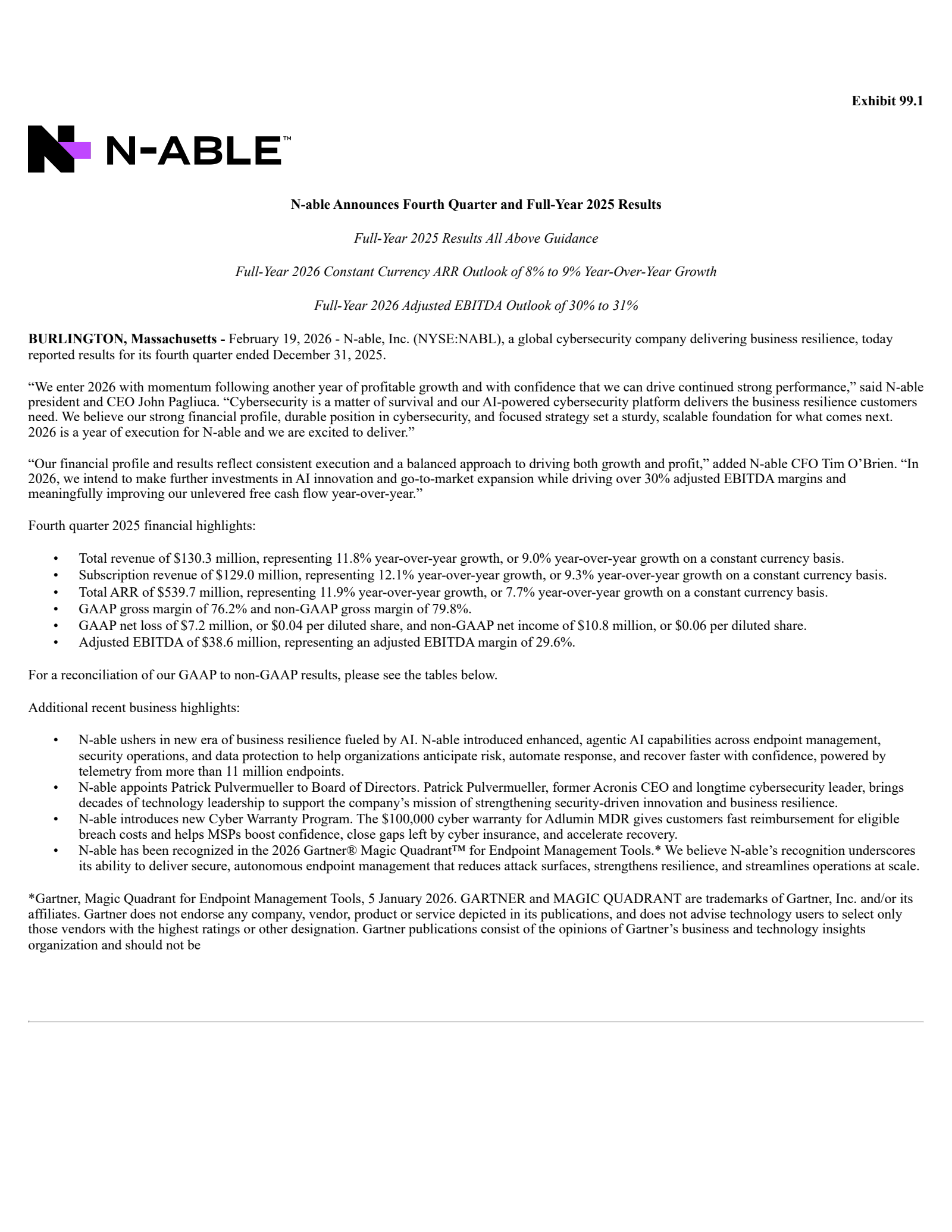 N-able's Q4 2025 Press Release