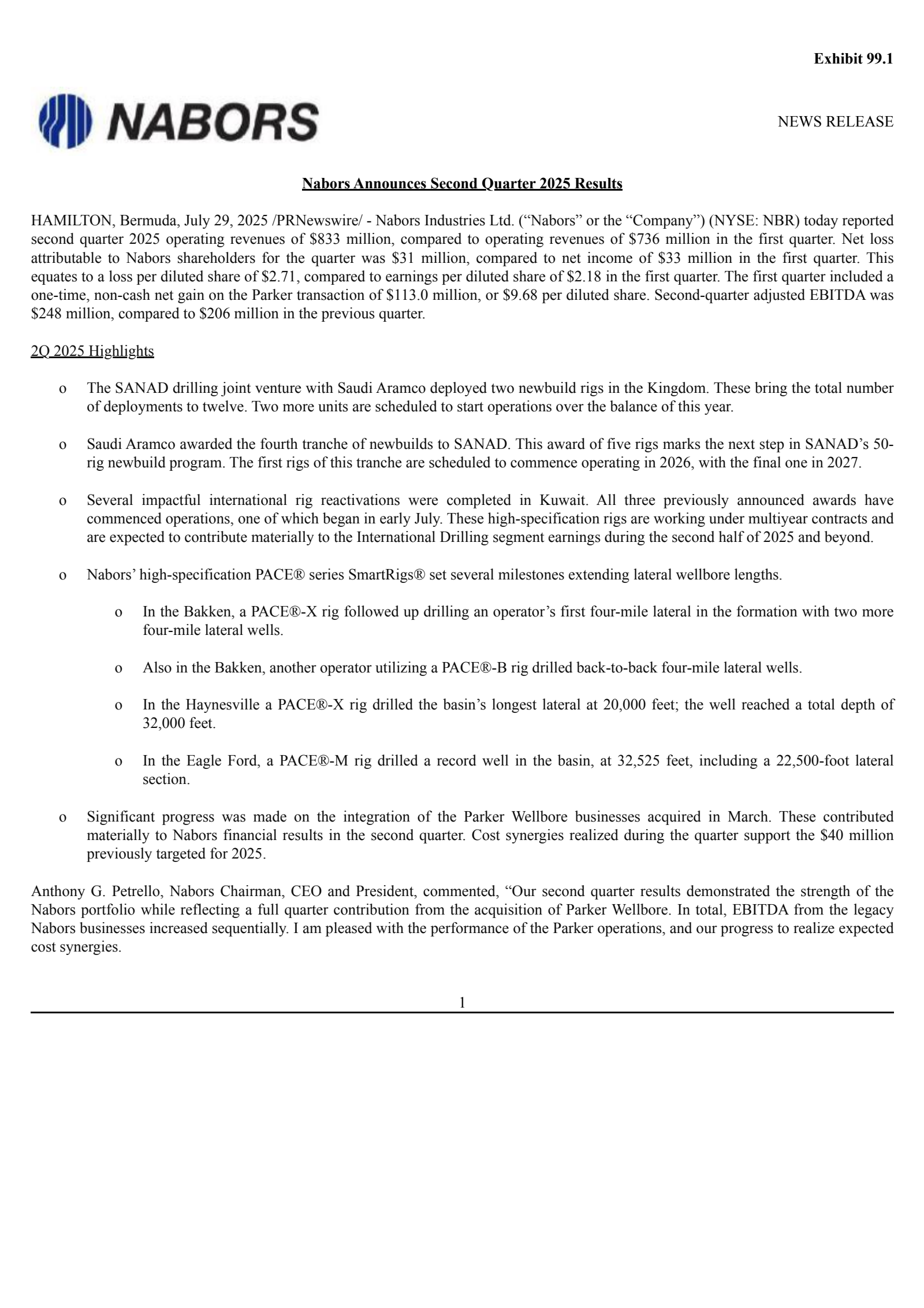 Nabors Industries' Q2 2025 Press Release