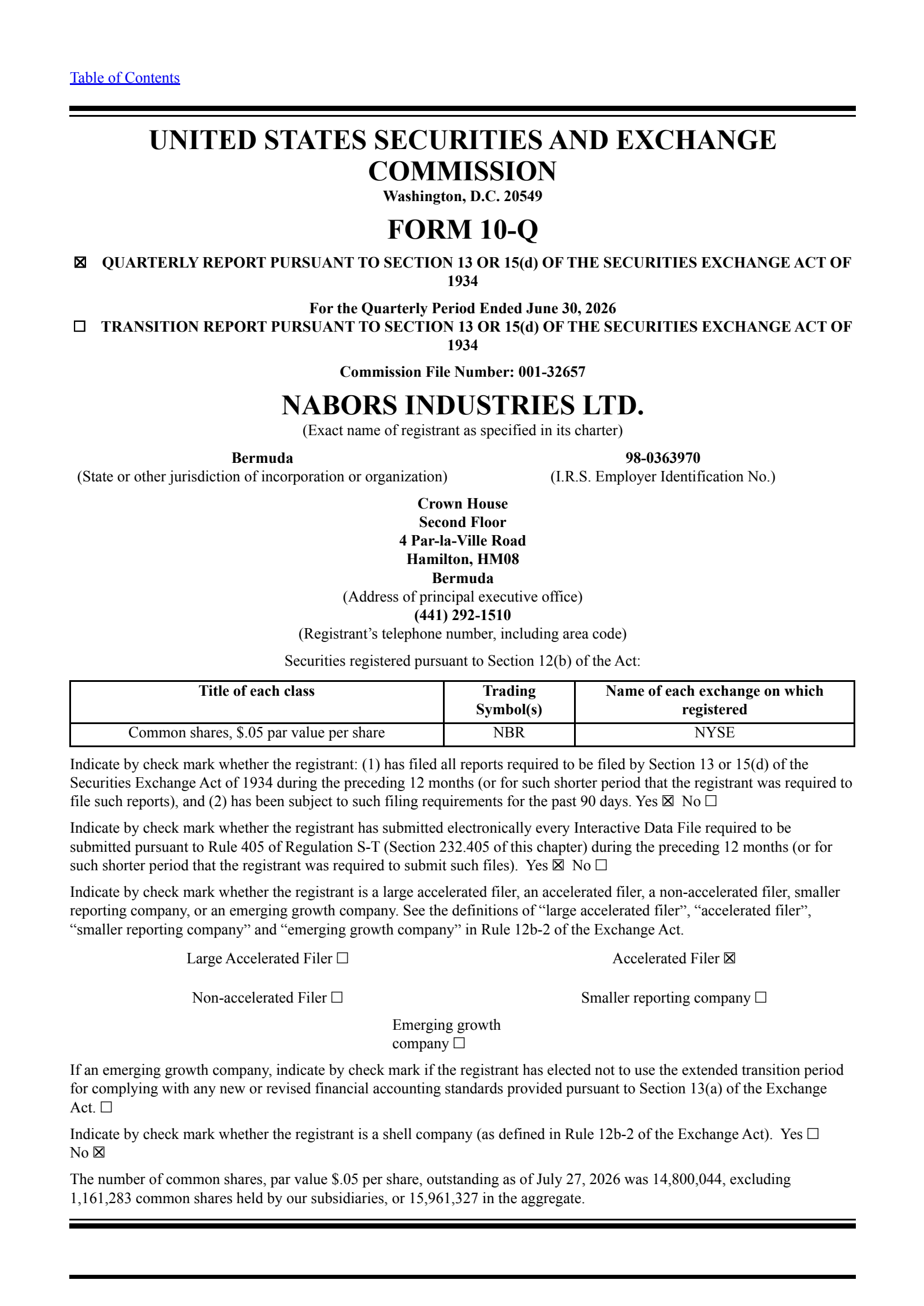 Nabors Industries' Q2 2026 Quarterly report