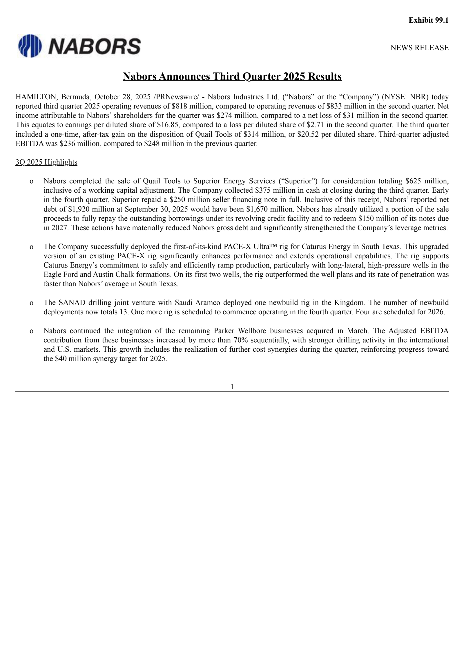 Nabors Industries' Q3 2025 Earnings Release