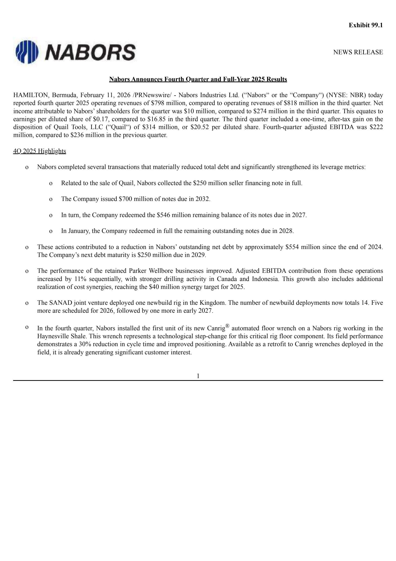 Nabors Industries' Q4 2025 Press Release