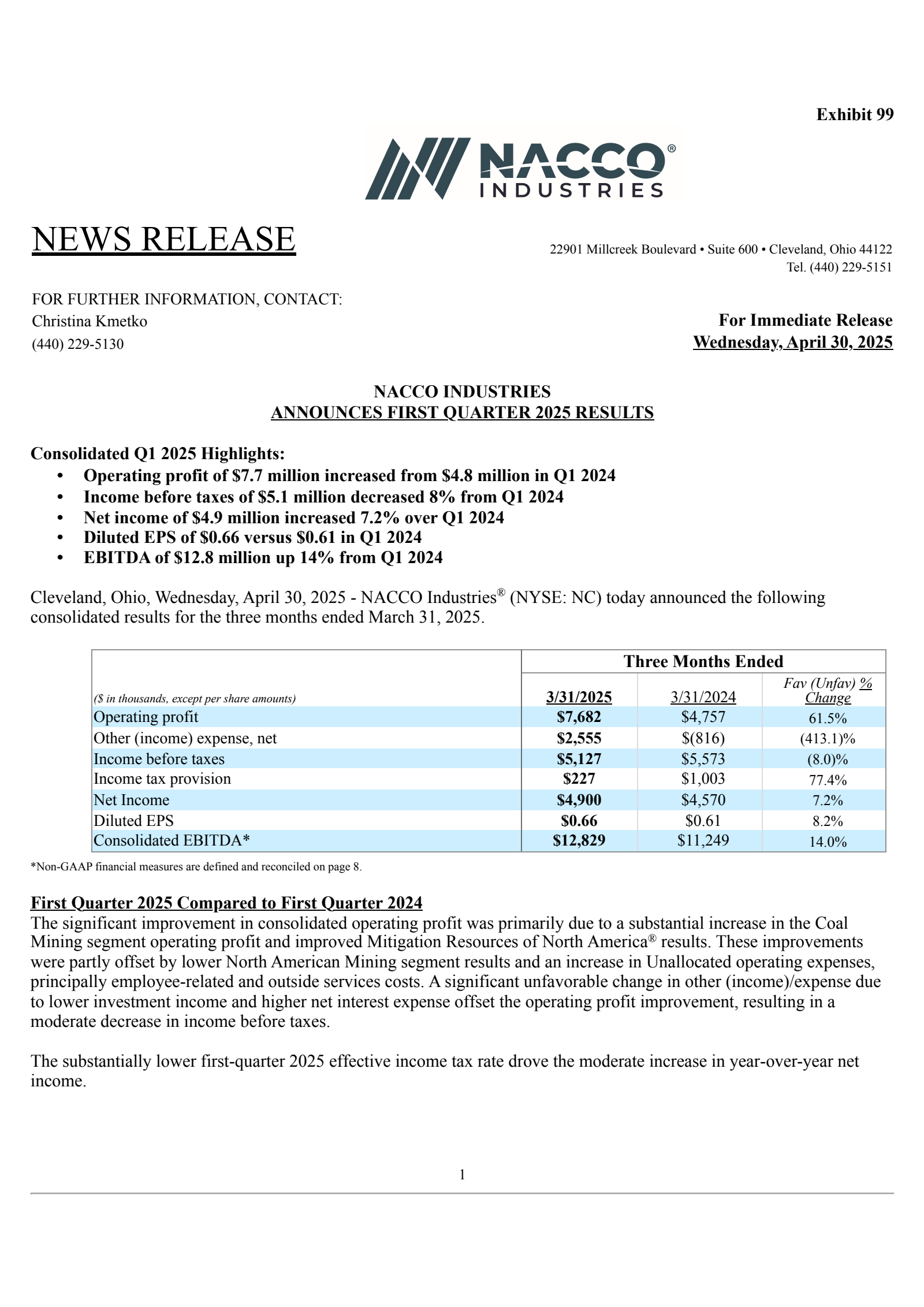 NACCO Industries' Q1 2025 Press Release