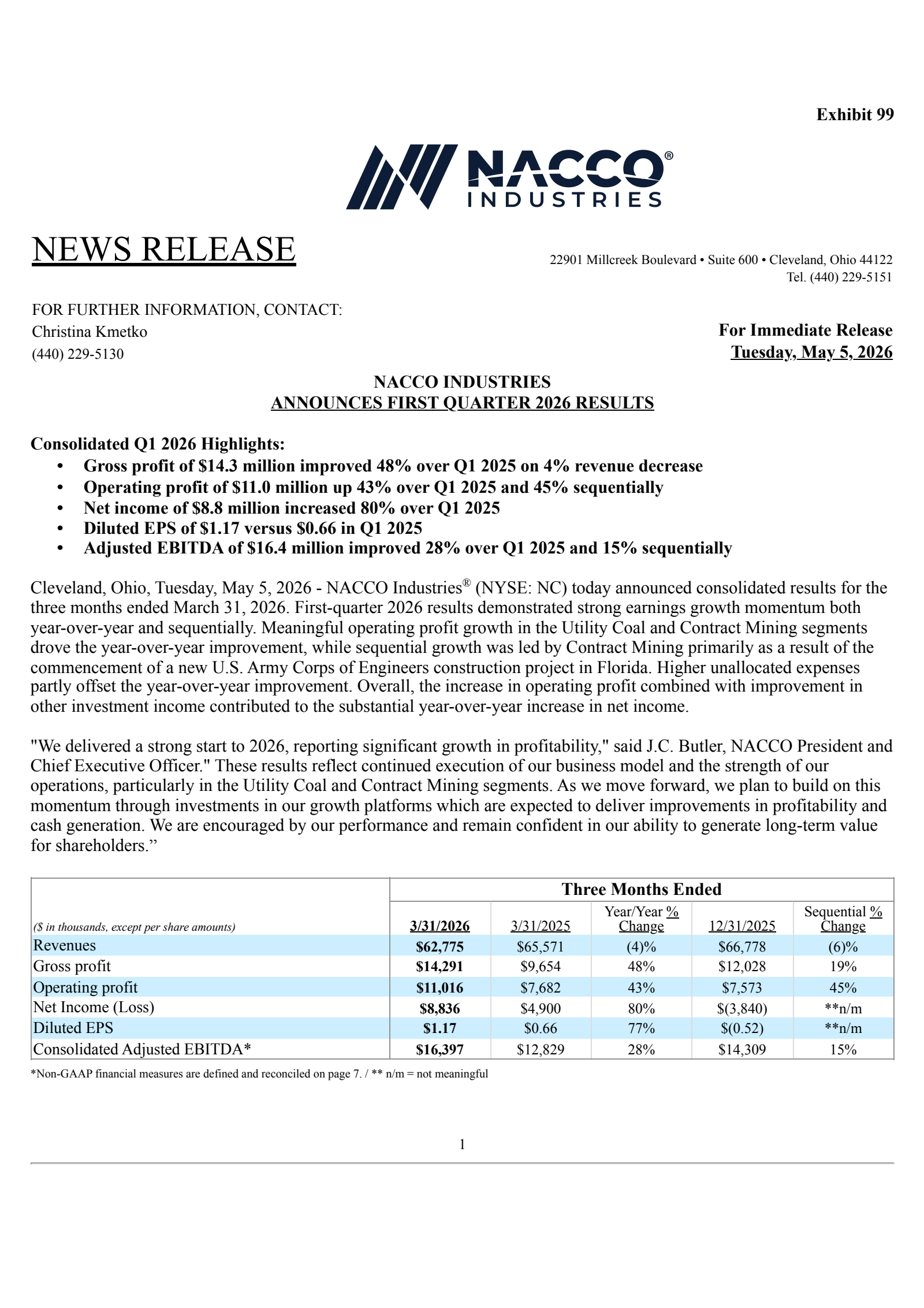 NACCO Industries' Q1 2026 Press Release