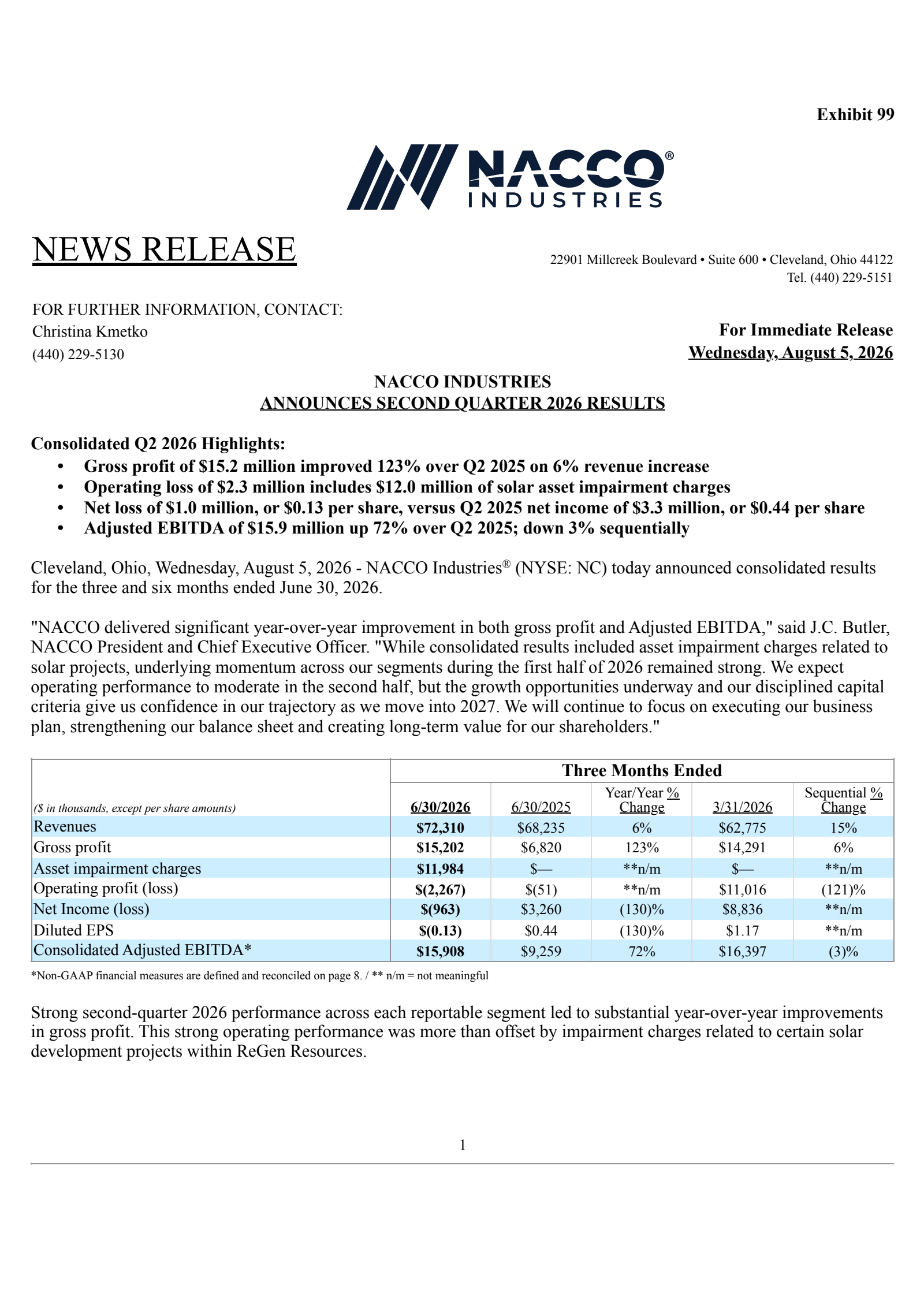 NACCO Industries' Q2 2026 Press Release