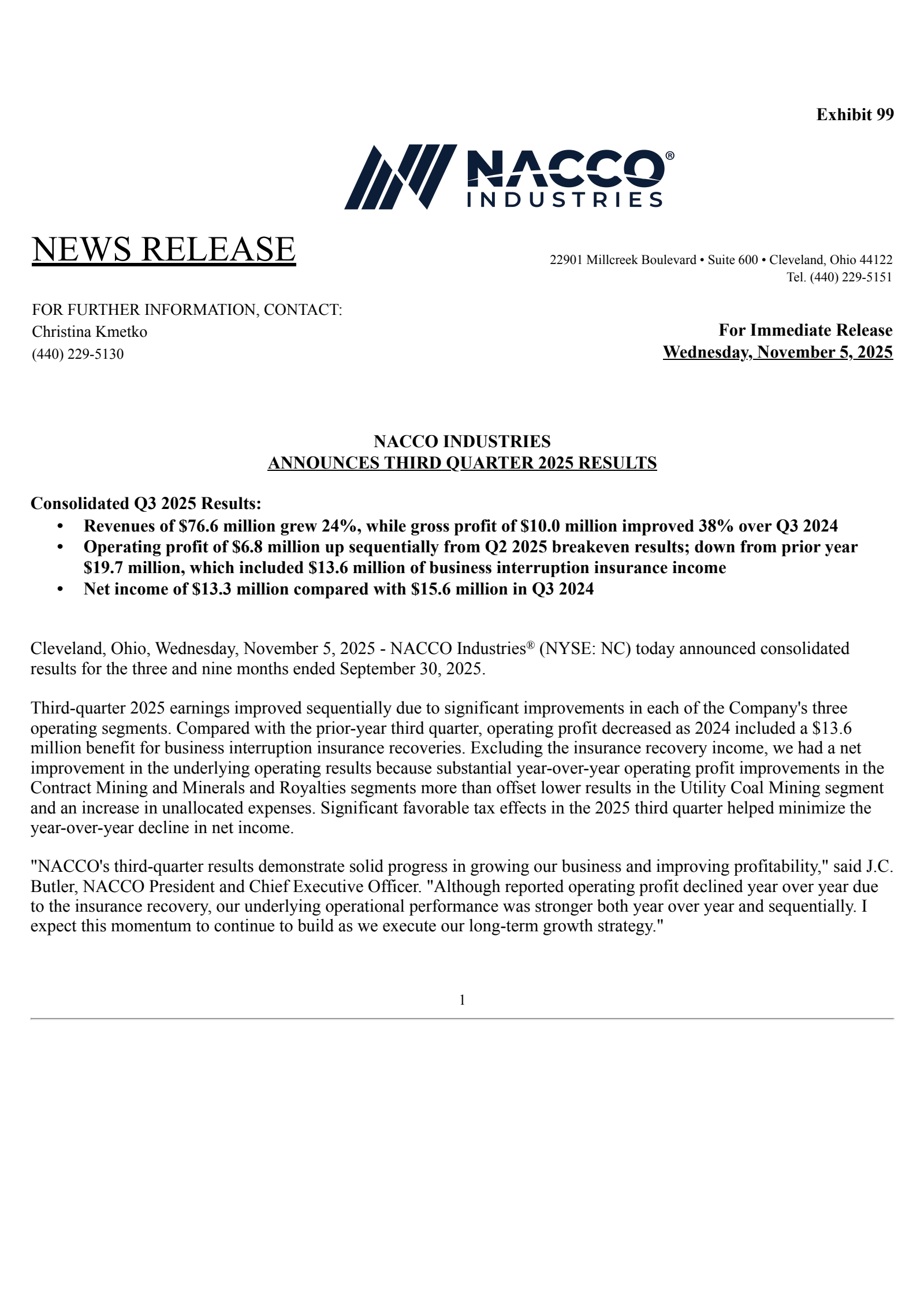 NACCO Industries' Q3 2025 Earnings Release