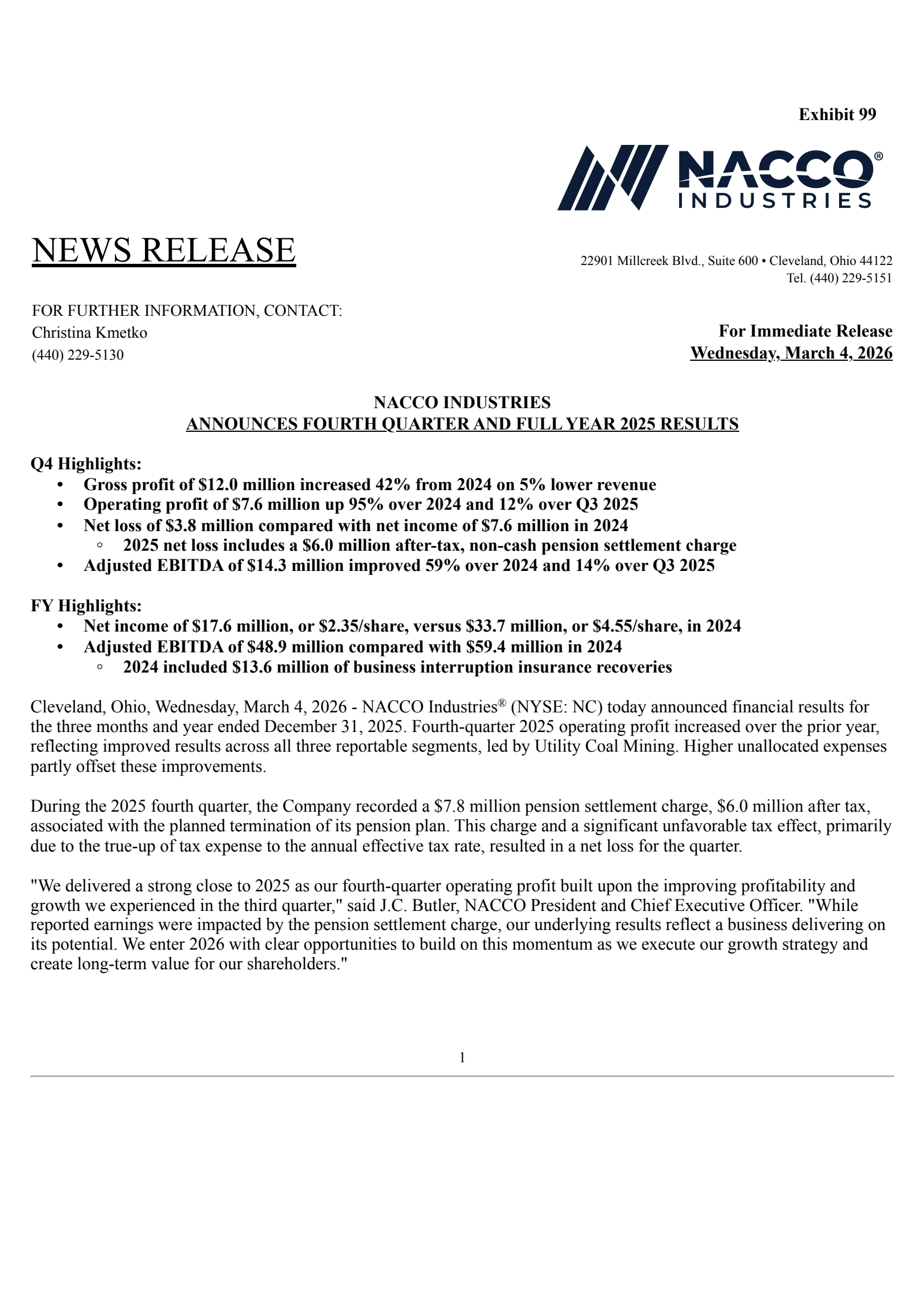 NACCO Industries' Q4 2025 Press Release