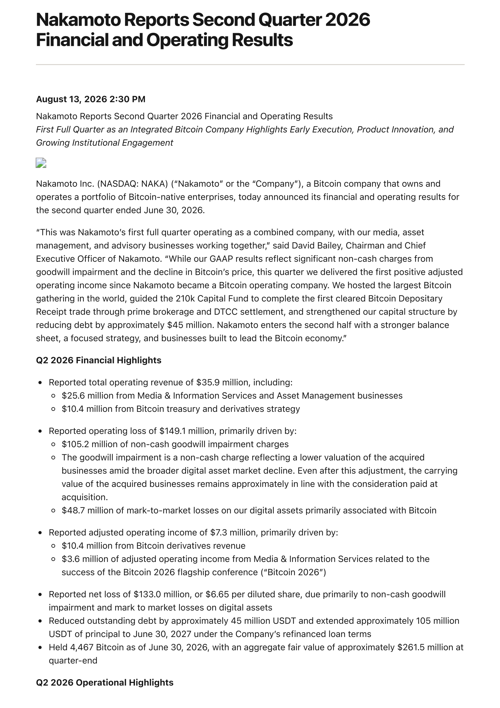 KindlyMD's Q2 2026 Press Release