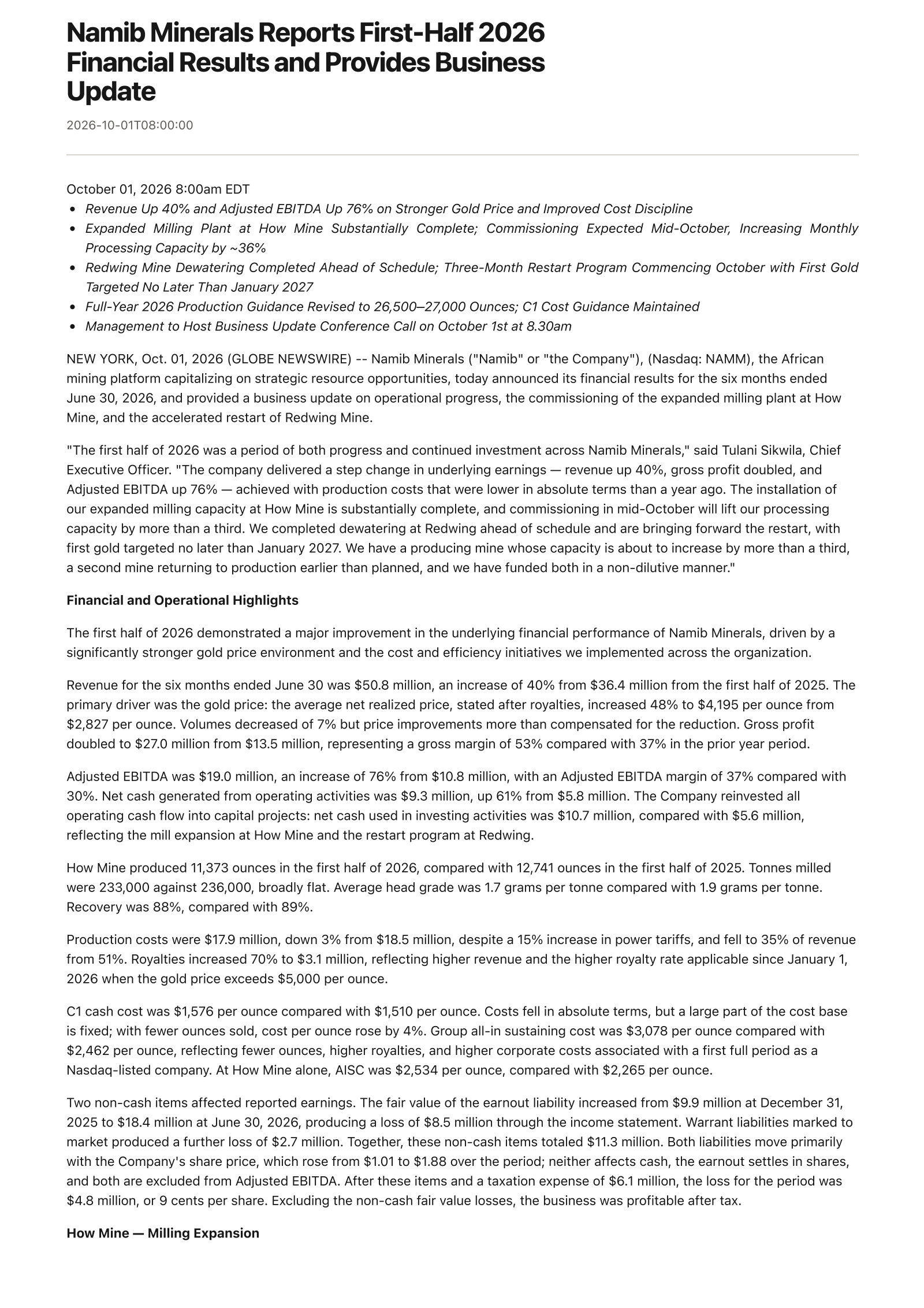 Namib Minerals' Q2 2026 Press Release
