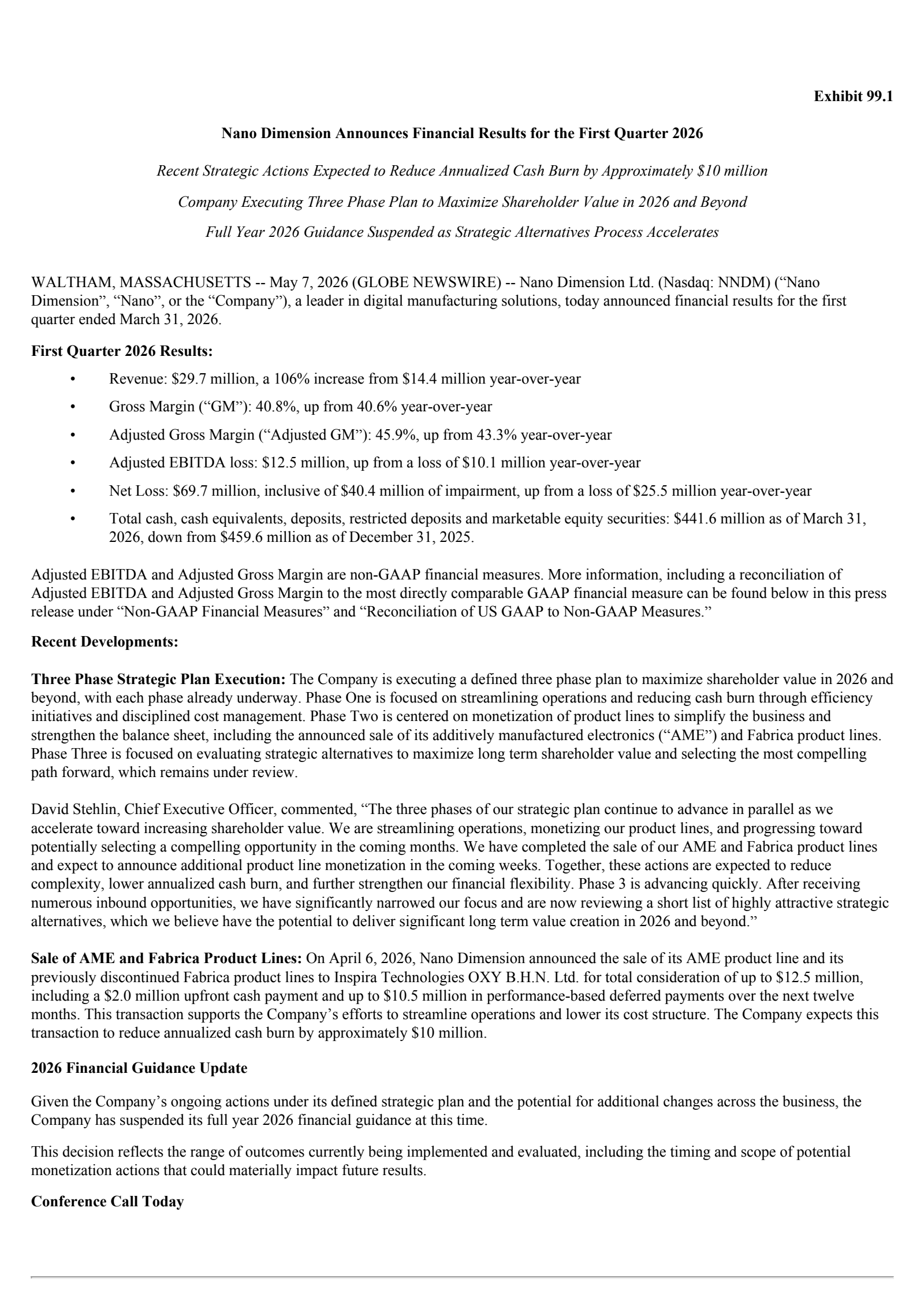 Nano Dimension's Q1 2026 Press Release