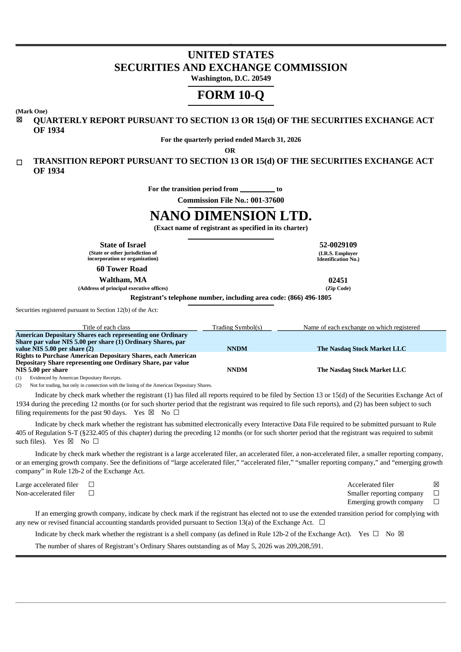 Nano Dimension's Q1 2026 Quarterly report