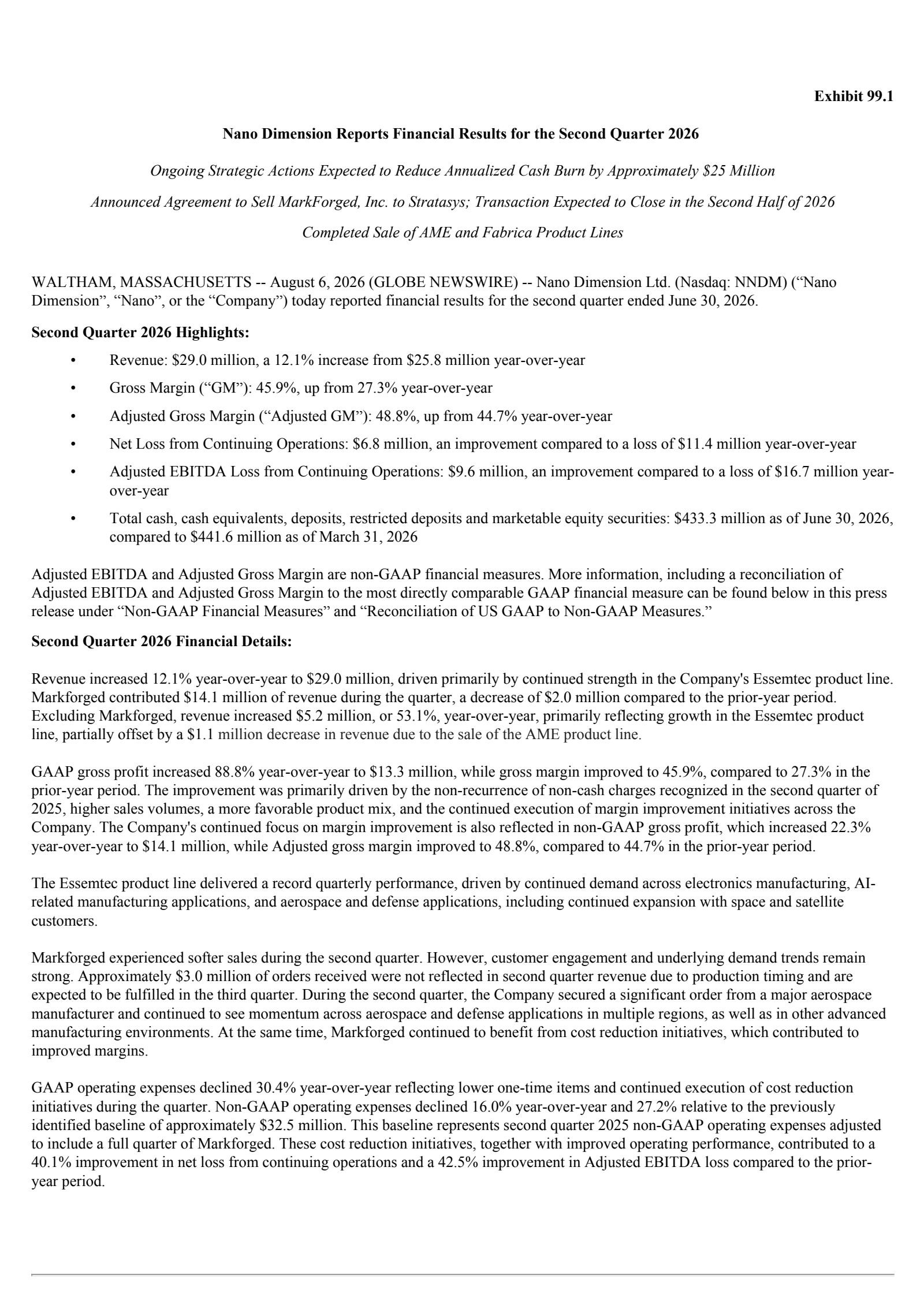 Nano Dimension's Q2 2026 Press Release