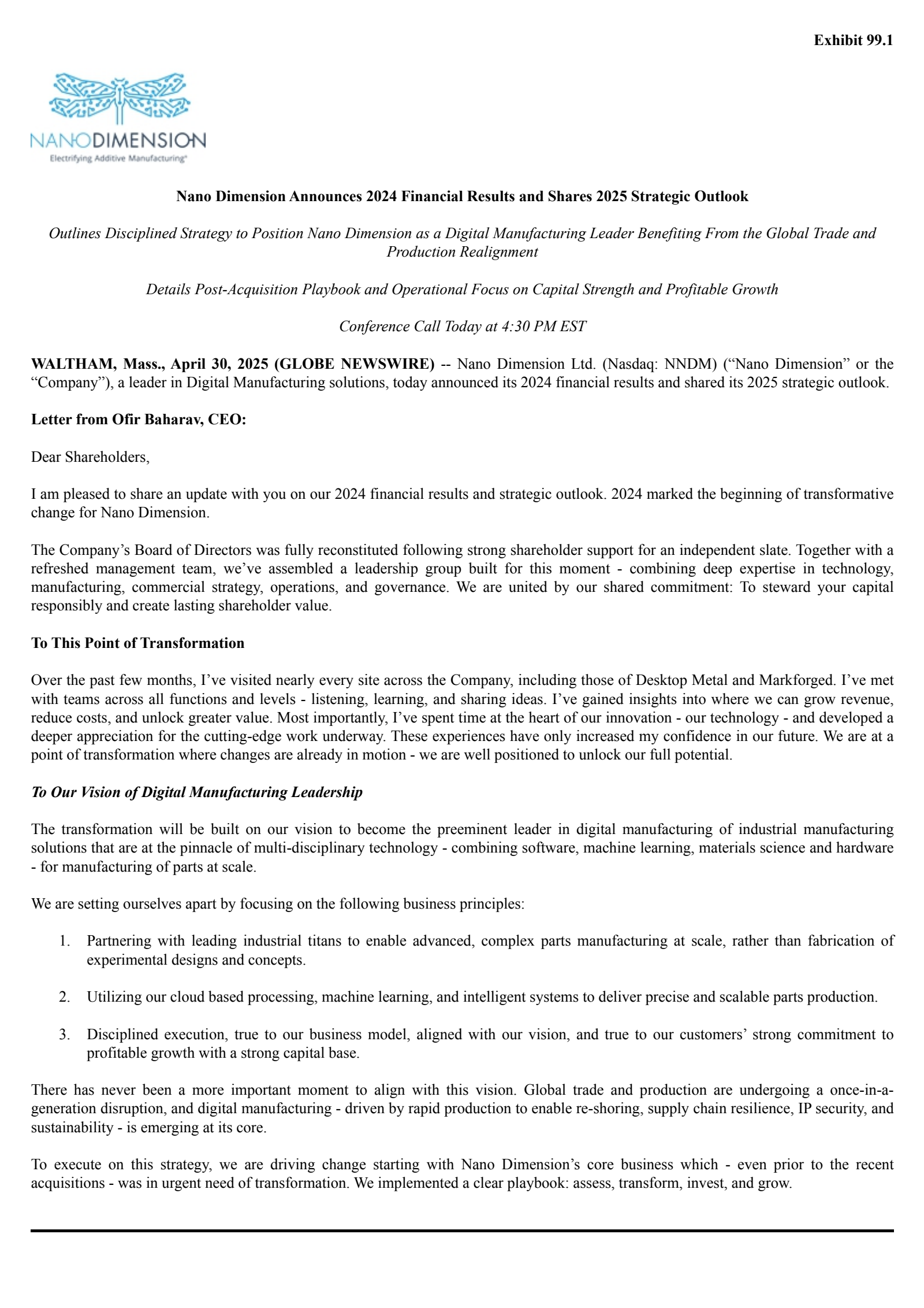 Nano Dimension's Q4 2024 Press Release