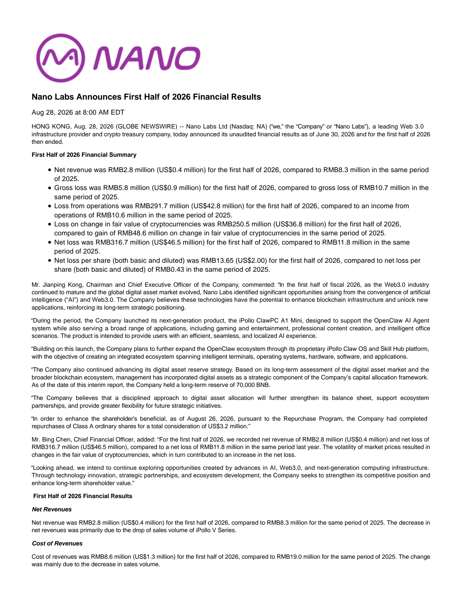 Nano Labs' H1 2026 Press Release