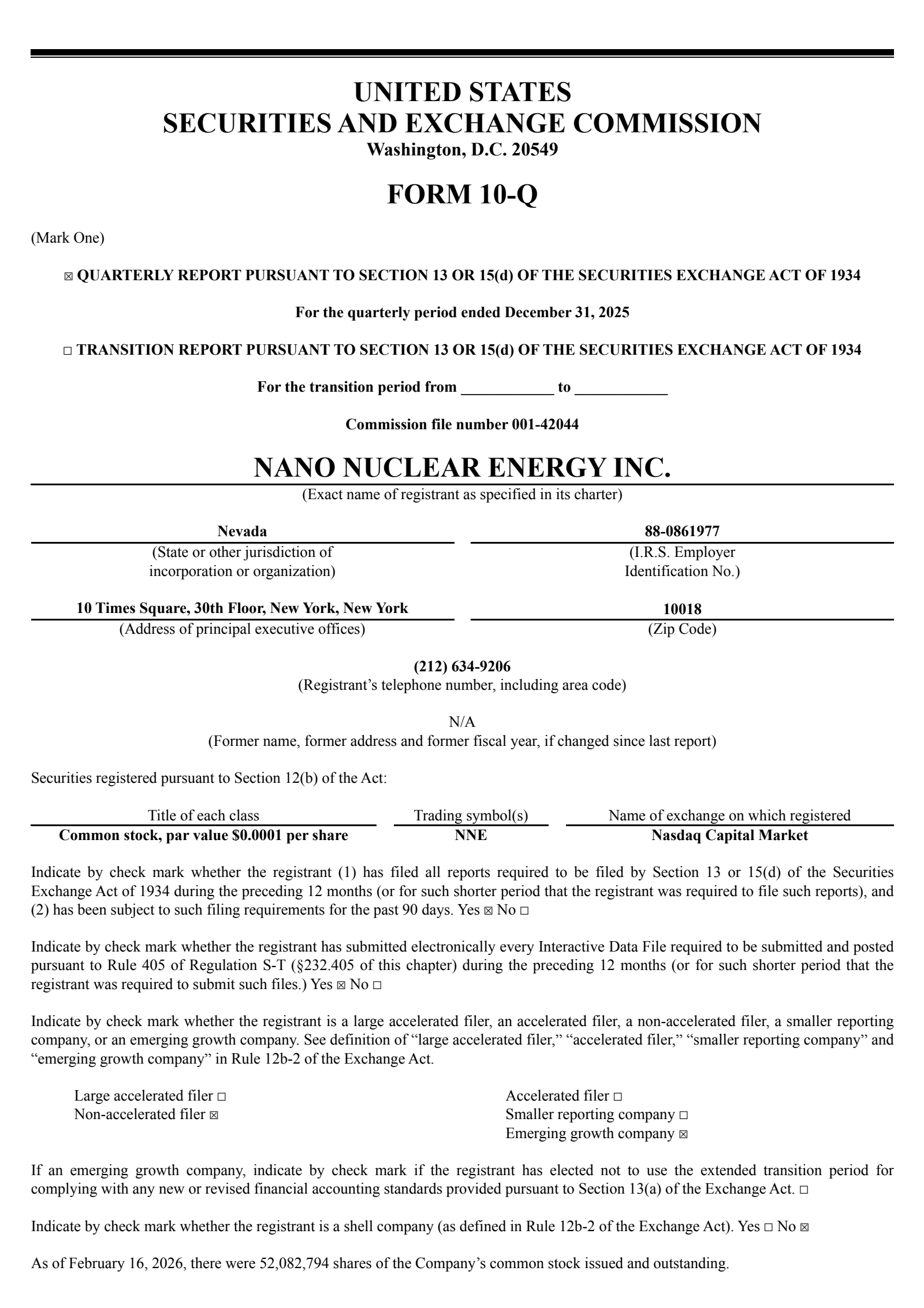 Nano Nuclear Energy's Q1 2026 Quarterly report