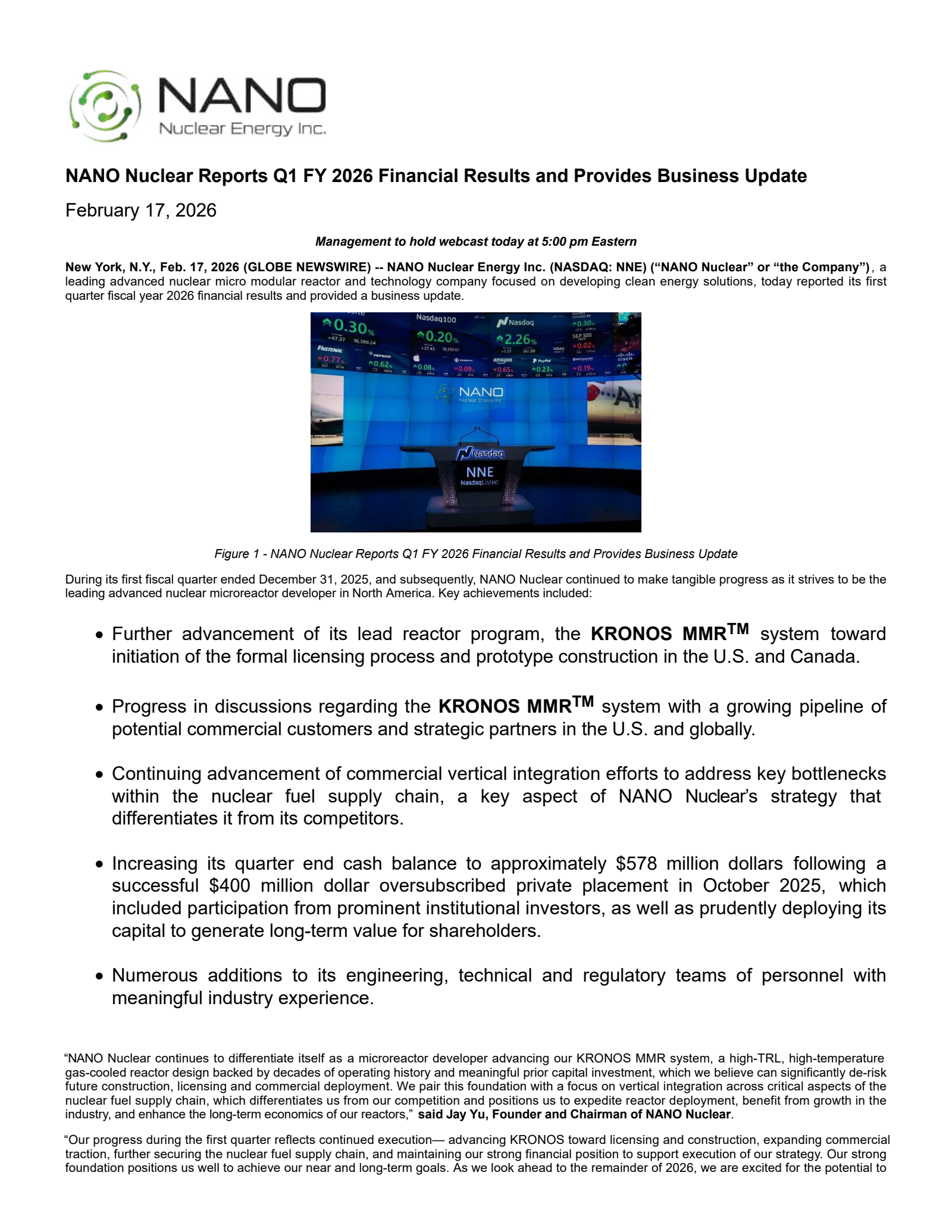 Nano Nuclear Energy's Q1 2026 Press Release