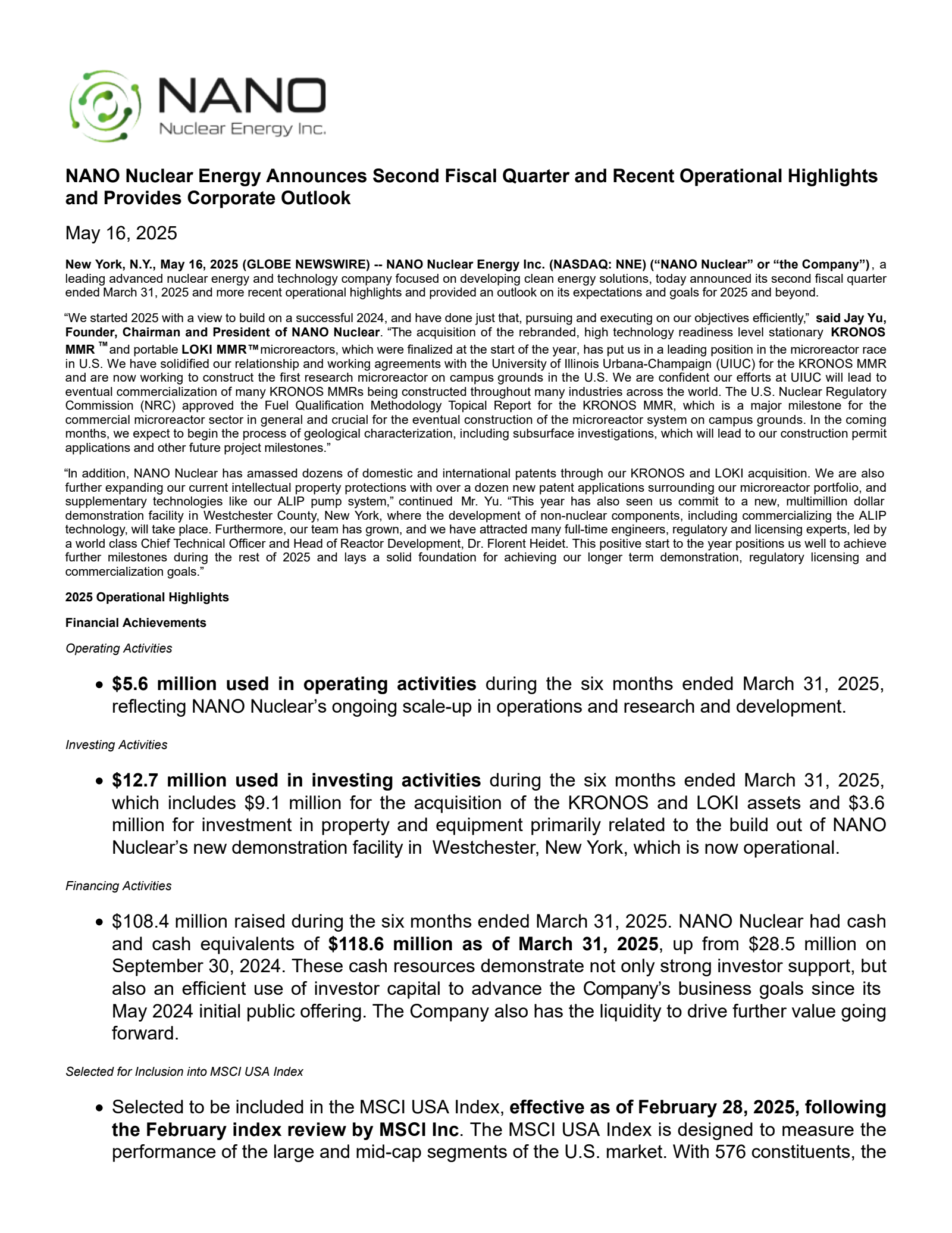 Nano Nuclear Energy's Q2 2025 Press Release