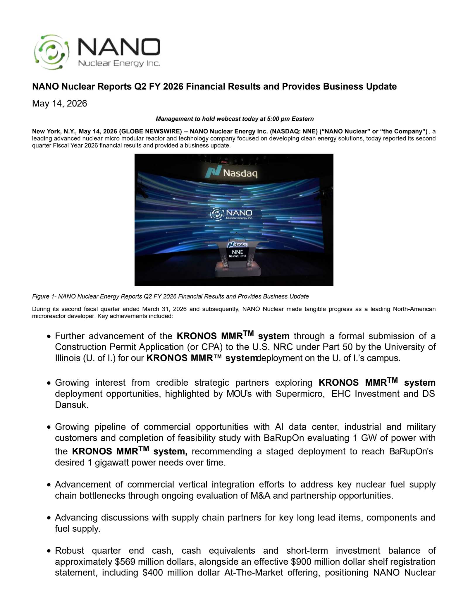 Nano Nuclear Energy's Q2 2026 Press Release