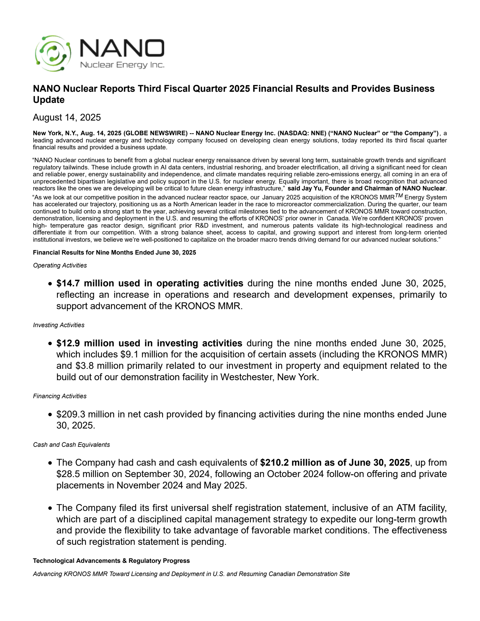 Nano Nuclear Energy's Q3 2025 Press Release