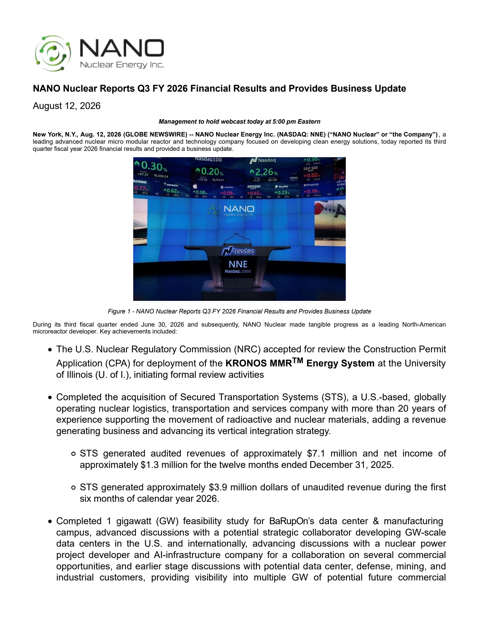 Nano Nuclear Energy's Q3 2026 Press Release