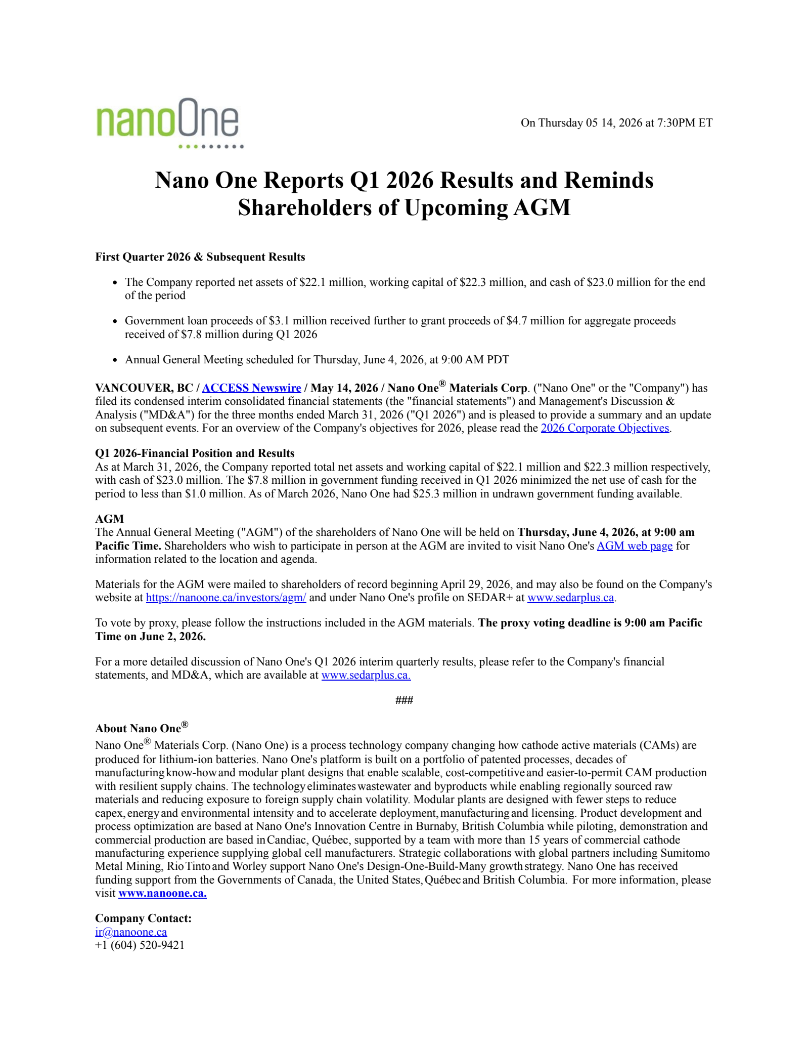 Nano One Materials' Q1 2026 Press Release