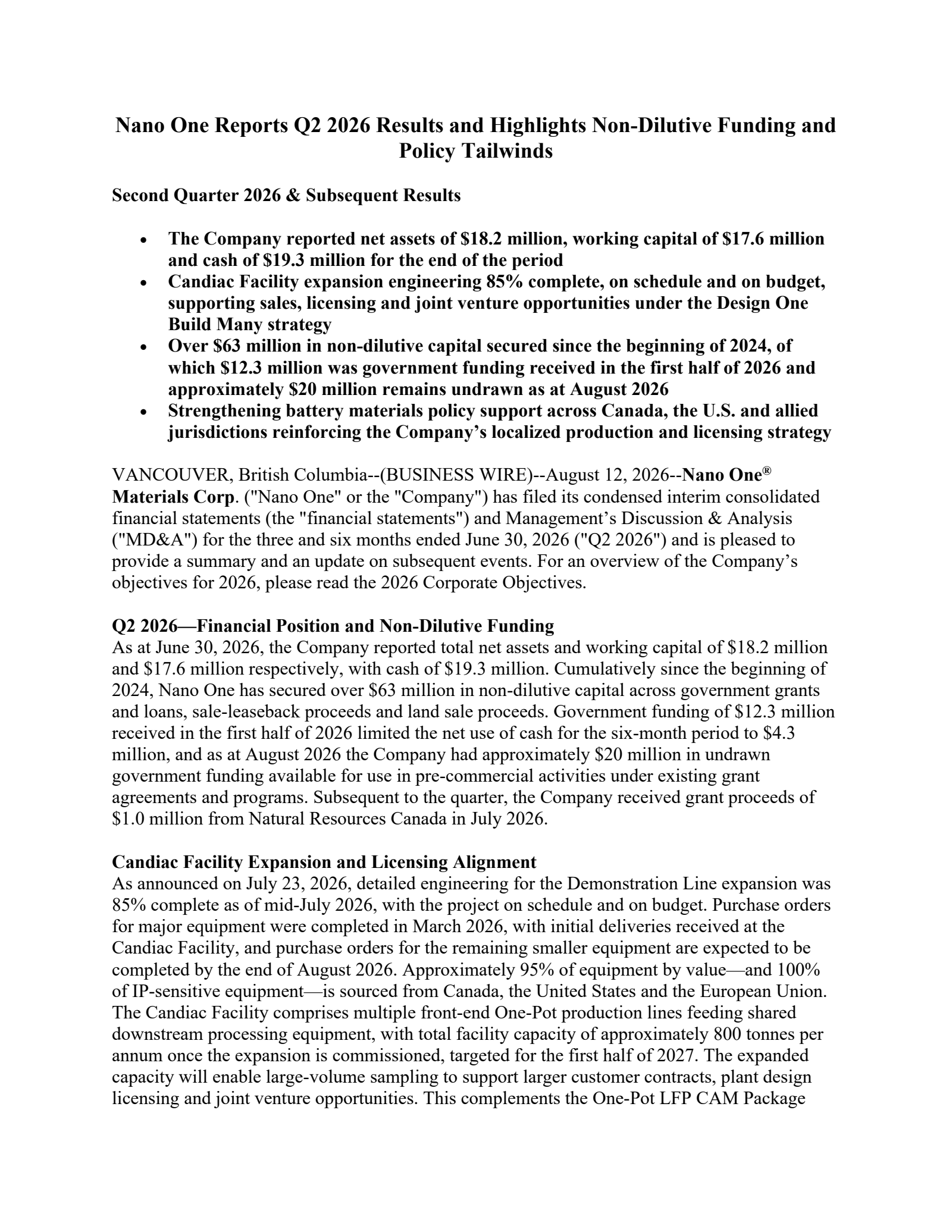 Nano One Materials' Q2 2026 Press Release