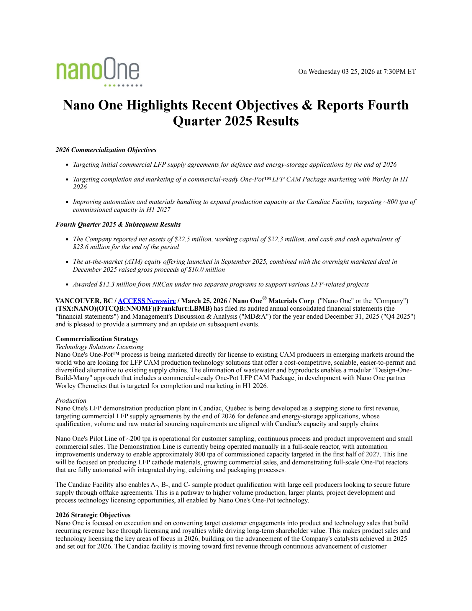 Nano One Materials' Q4 2025 Press Release