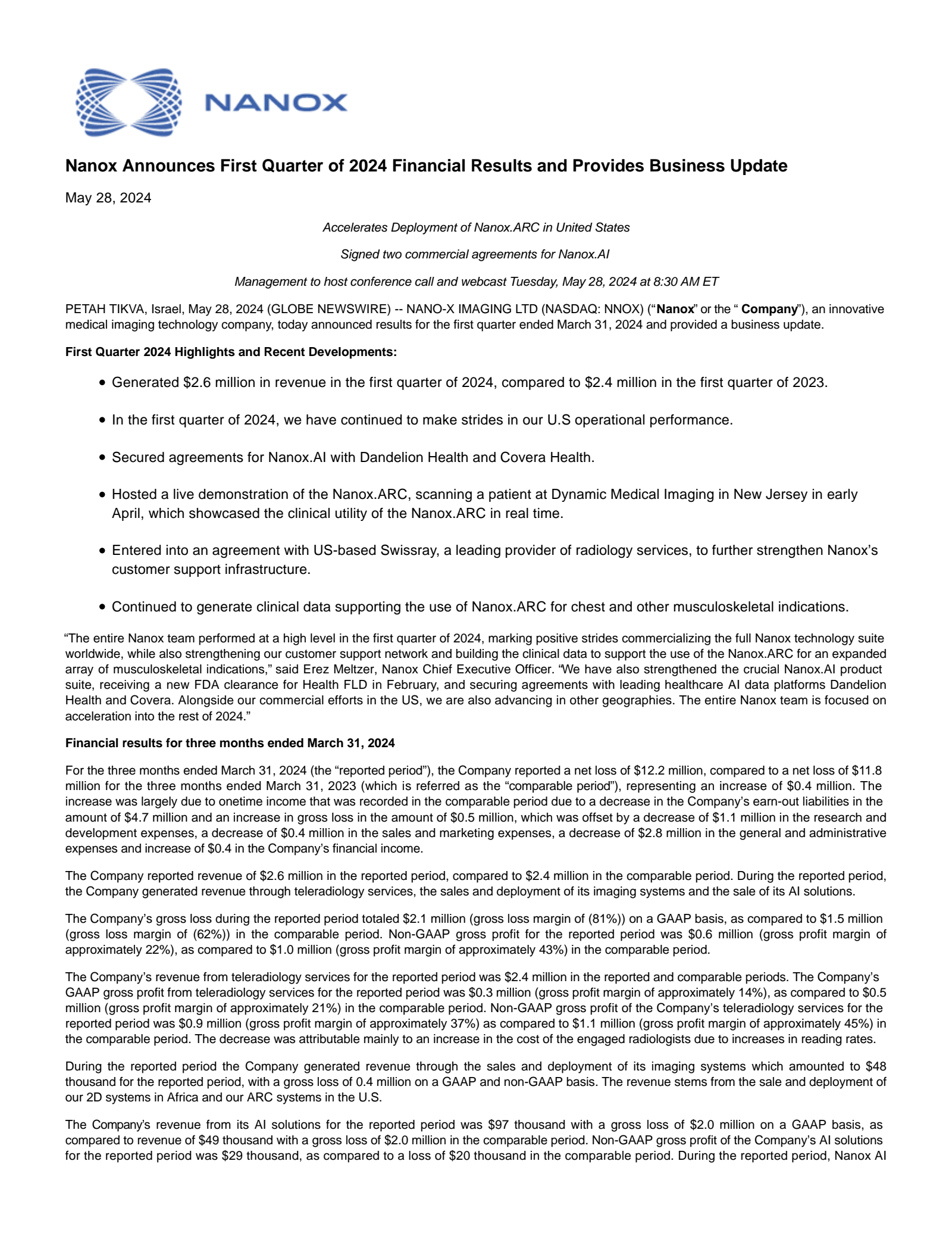 Nano-X Imaging's Q1 2024 Press Release