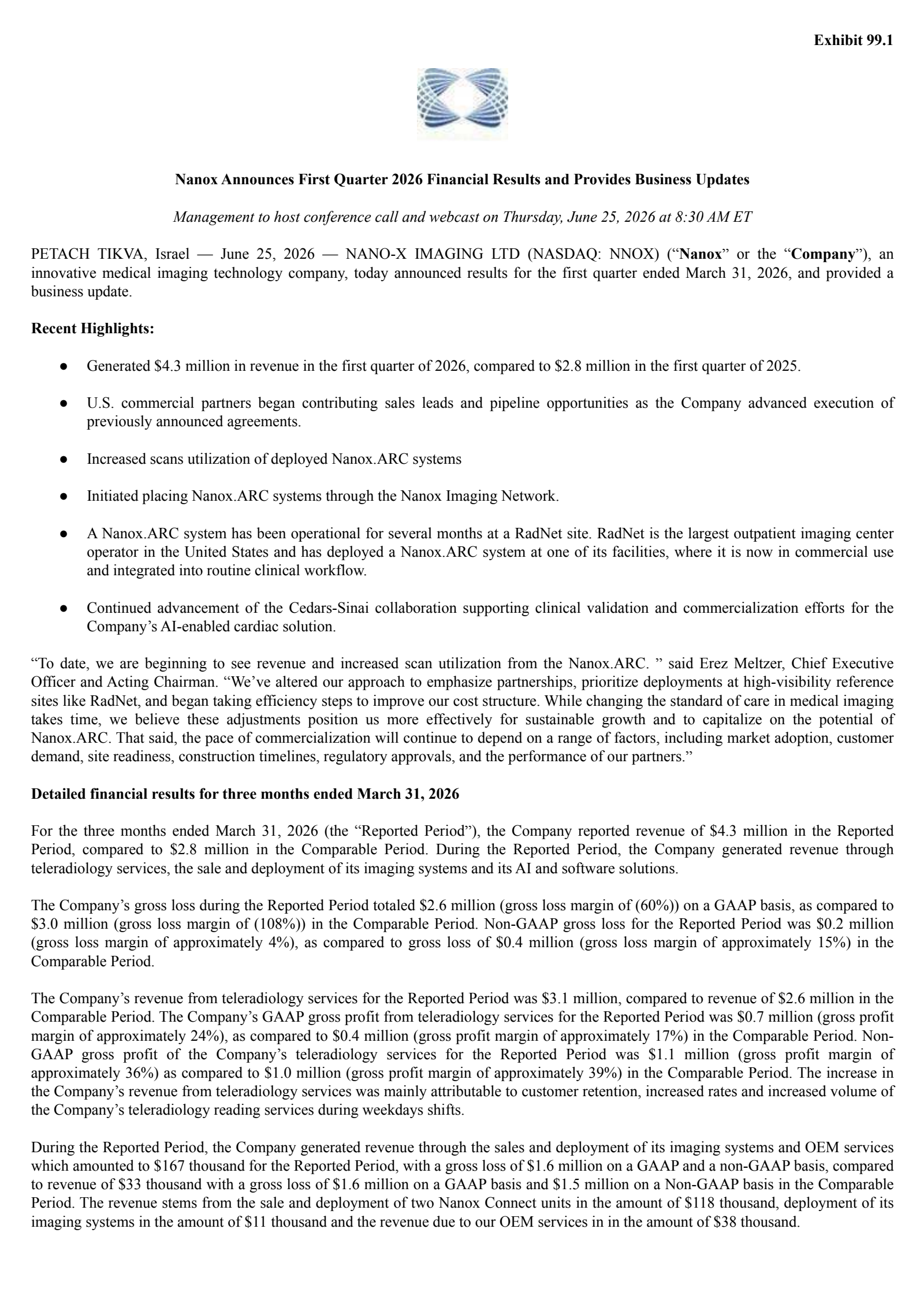 Nano-X Imaging's Q1 2026 Press Release