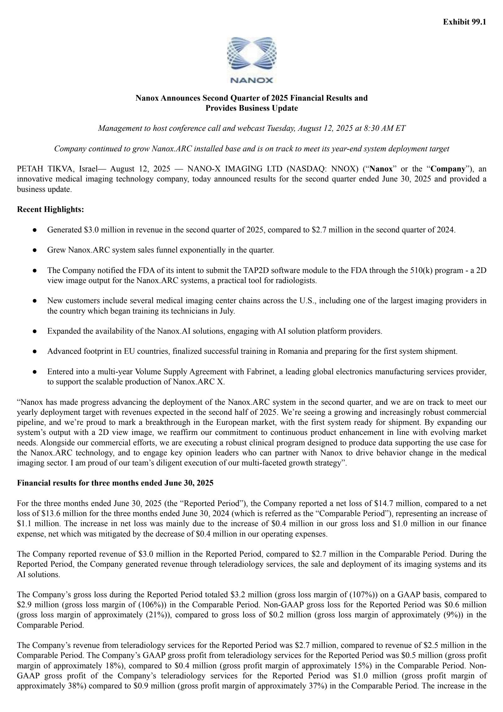 Nano-X Imaging's Q2 2025 Press Release