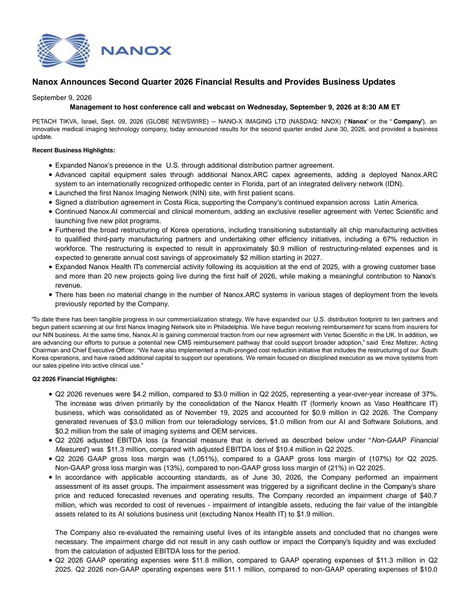 Nano-X Imaging's Q2 2026 Press Release
