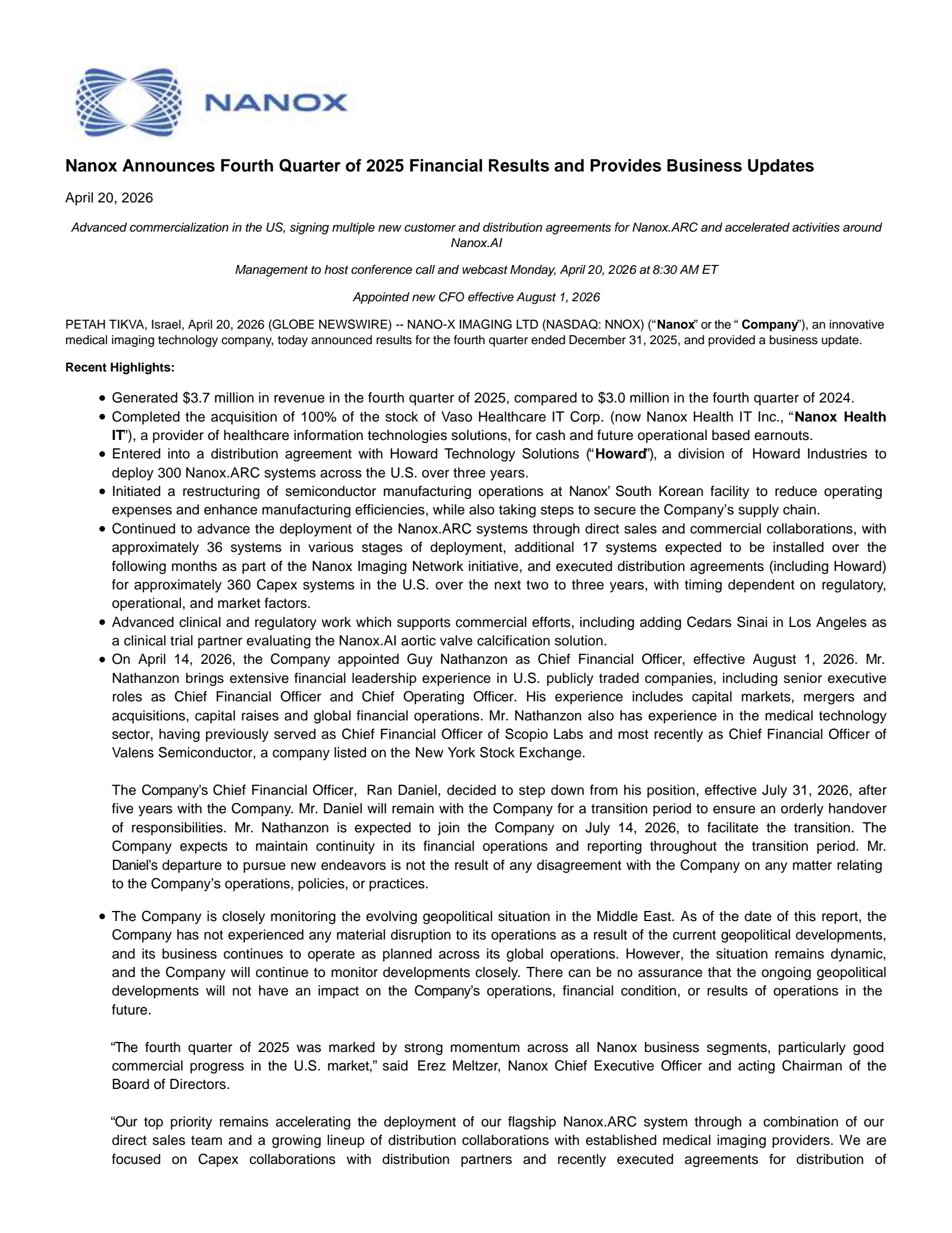 Nano-X Imaging's Q4 2025 Press Release